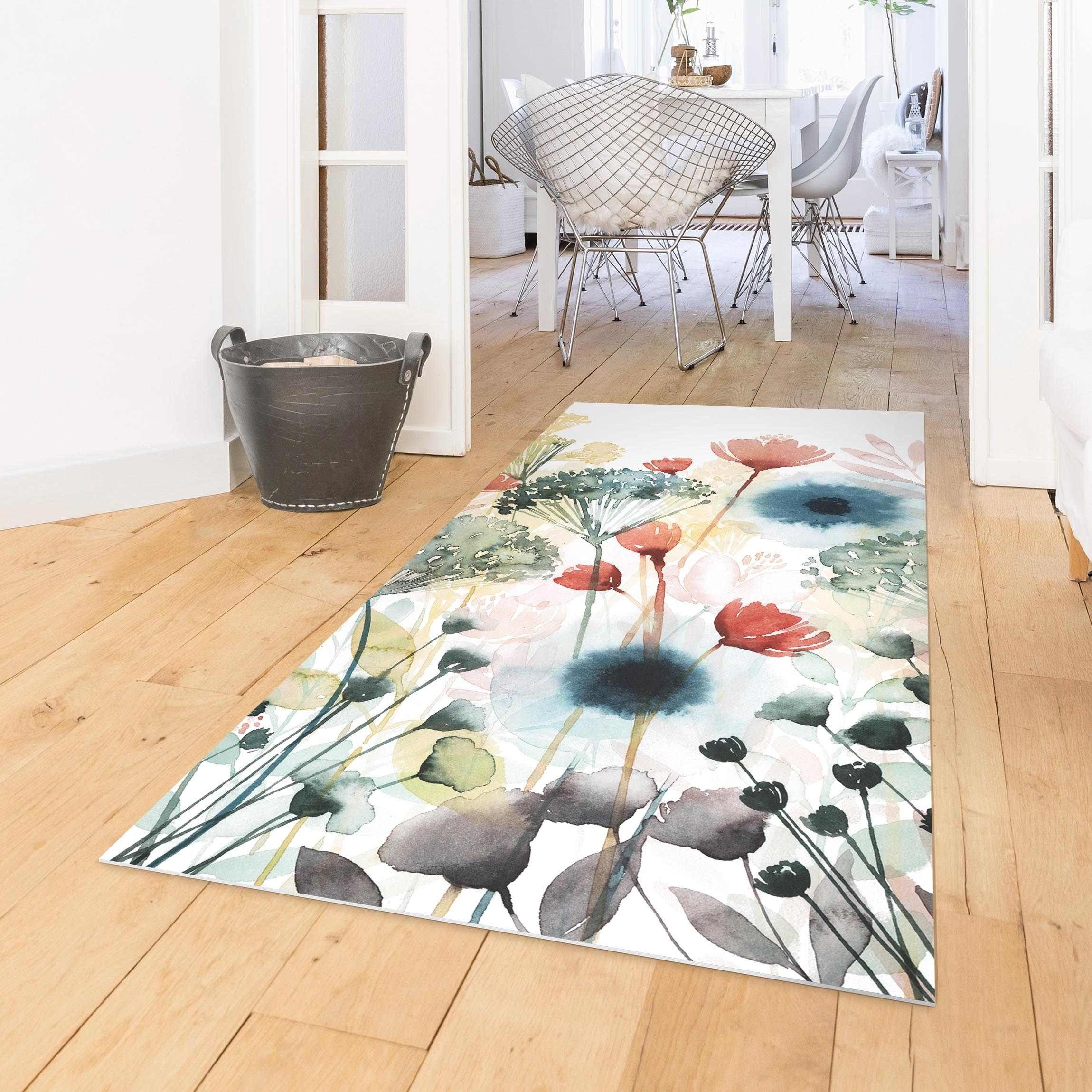 Bilderdepot24 Teppich Teppich Vinyl Flur Küche Blumen Landhaus funktional lang, Läufer - weiss glatt, nass wischbar (Schmutz, Tierhaare) Saugroboter & Bodenheizung geeignet