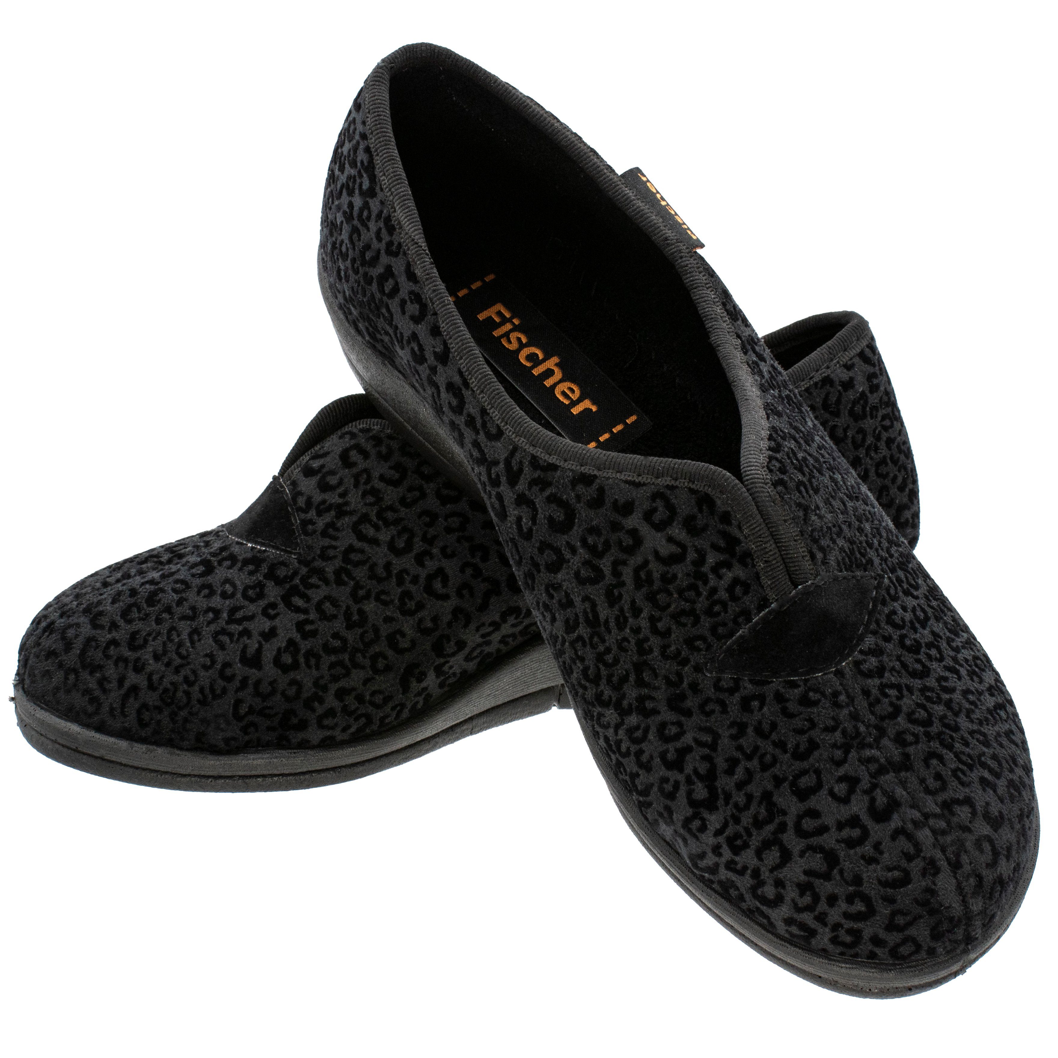 Fischer-Markenschuh Dora Hausschuh Leoprint, Weite H, Frotteefutter, Zum Schlupfen