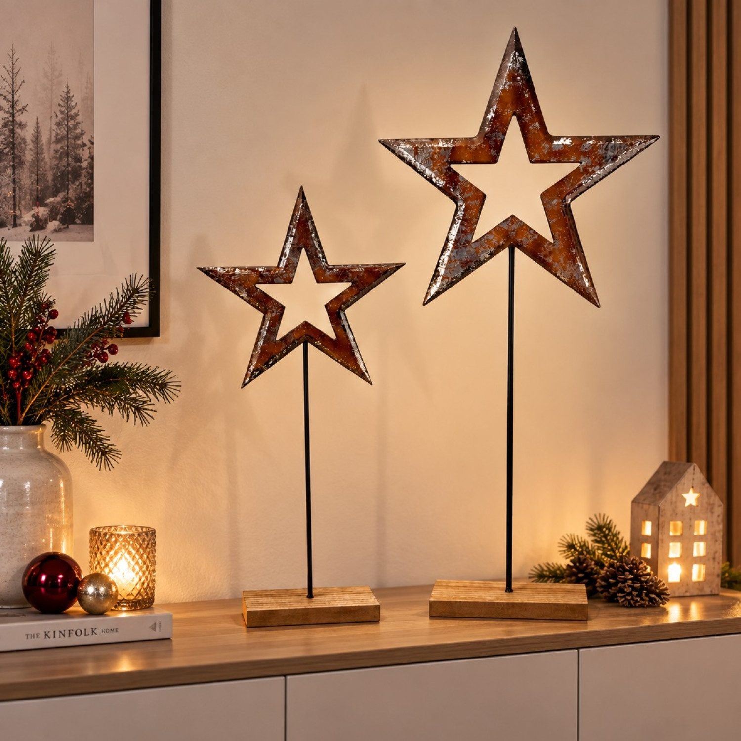 Online-Fuchs Dekofigur 2 moderne Sterne im braun, silbernen Look - Weihnachtsdeko für innen (stilvoll und elegant, aus Holz und Metall …