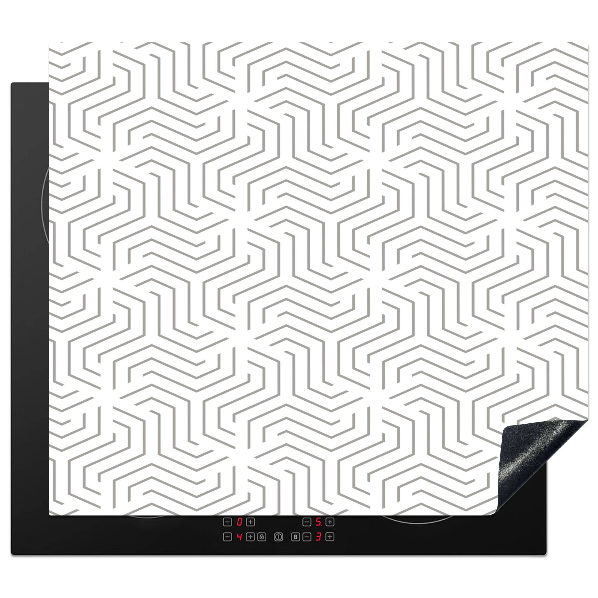 MuchoWow Herdblende-/Abdeckplatte Design - Linie - Muster - Schwarz - Weiß, Vinyl, (1 tlg), 59x51 cm, Induktionsschutz, Induktionskochfeld, Ceranfeldabdeckung
