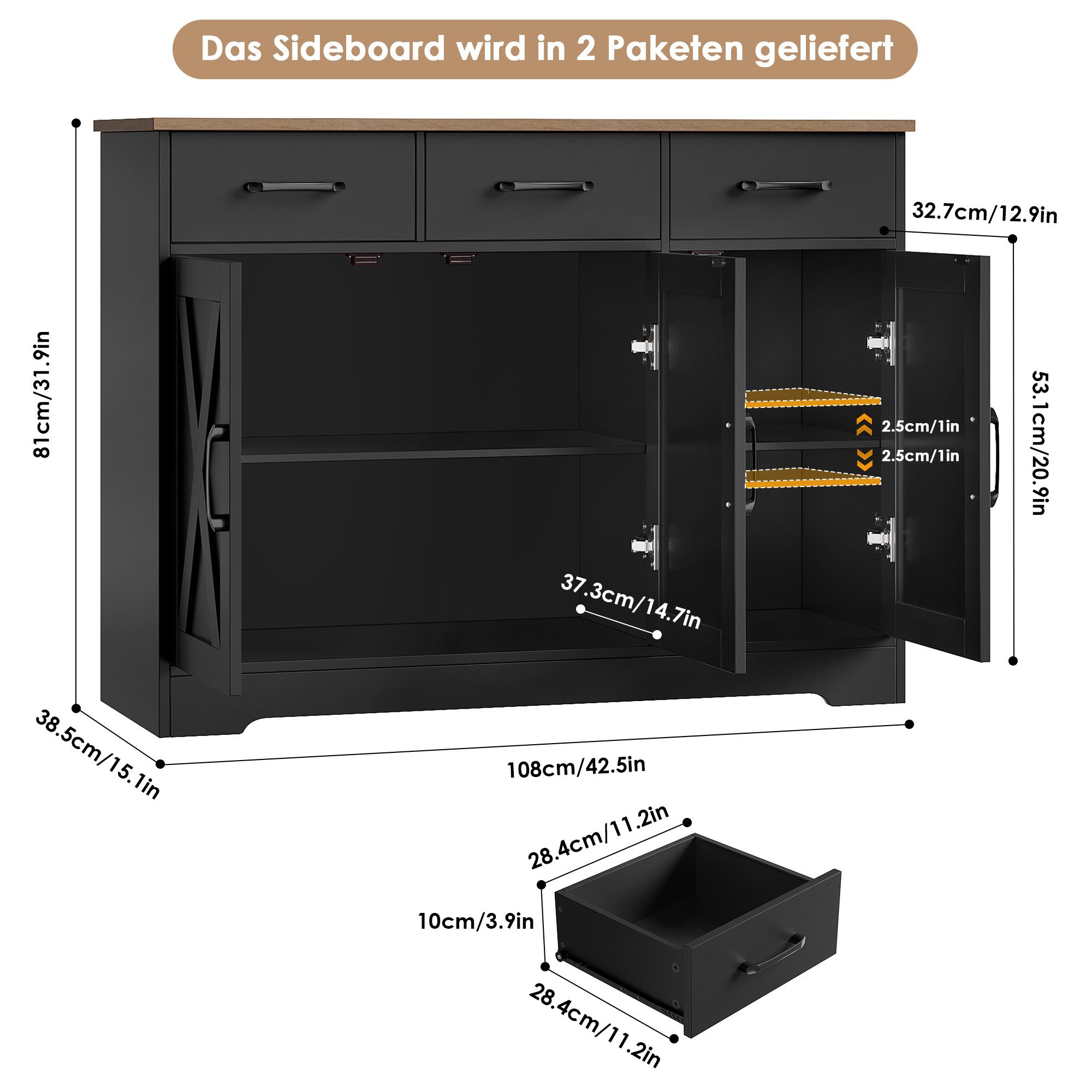 HOMECHO Sideboard, Küchenschrank mit 3 Schubladen und 3 Türen für Küche, We günstig online kaufen