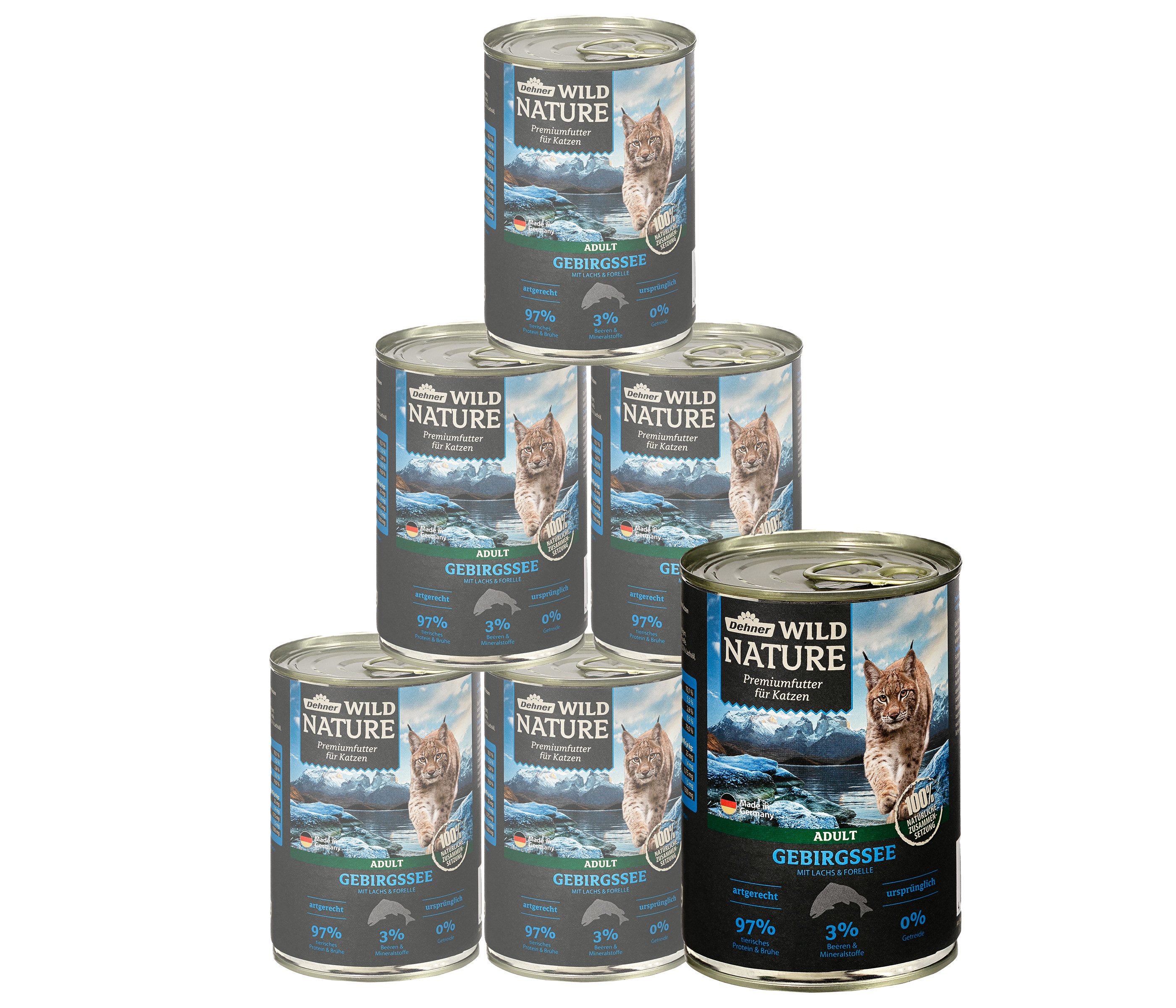 Dehner Wild Nature Gebirgssee Adult Lachs / Forelle, 6 x 200 / 400 g Dose Lachs, Nassfutter für: Katze, Nassfutter für ausgewachsene Katzen, glutenfrei