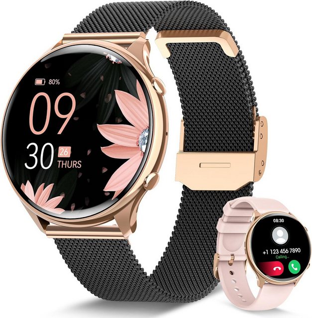 Sanorum Smartwatch Damen mit Telefonfunktion Smartwatch (3.53 cm/1,39 Zoll, HD Voll Touchscreen) Fitness Tracker mit 120 Sportmodi, SpO2 Pulsuhr Schlafmonitor Menstruationszyklus, Armbanduhr für iOS Android