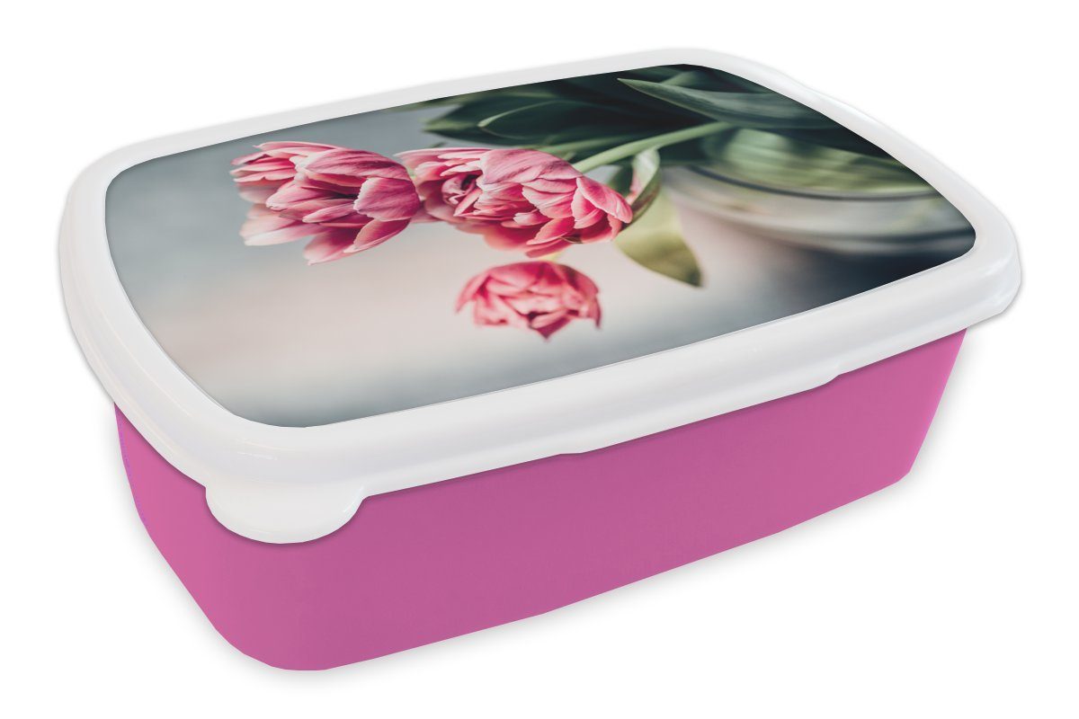 MuchoWow Lunchbox Blumen - Tulpen - Rosa, Kunststoff, (2-tlg), Brotbox für Erwachsene, Brotdose Kinder, Snackbox, Mädchen, Kunststoff
