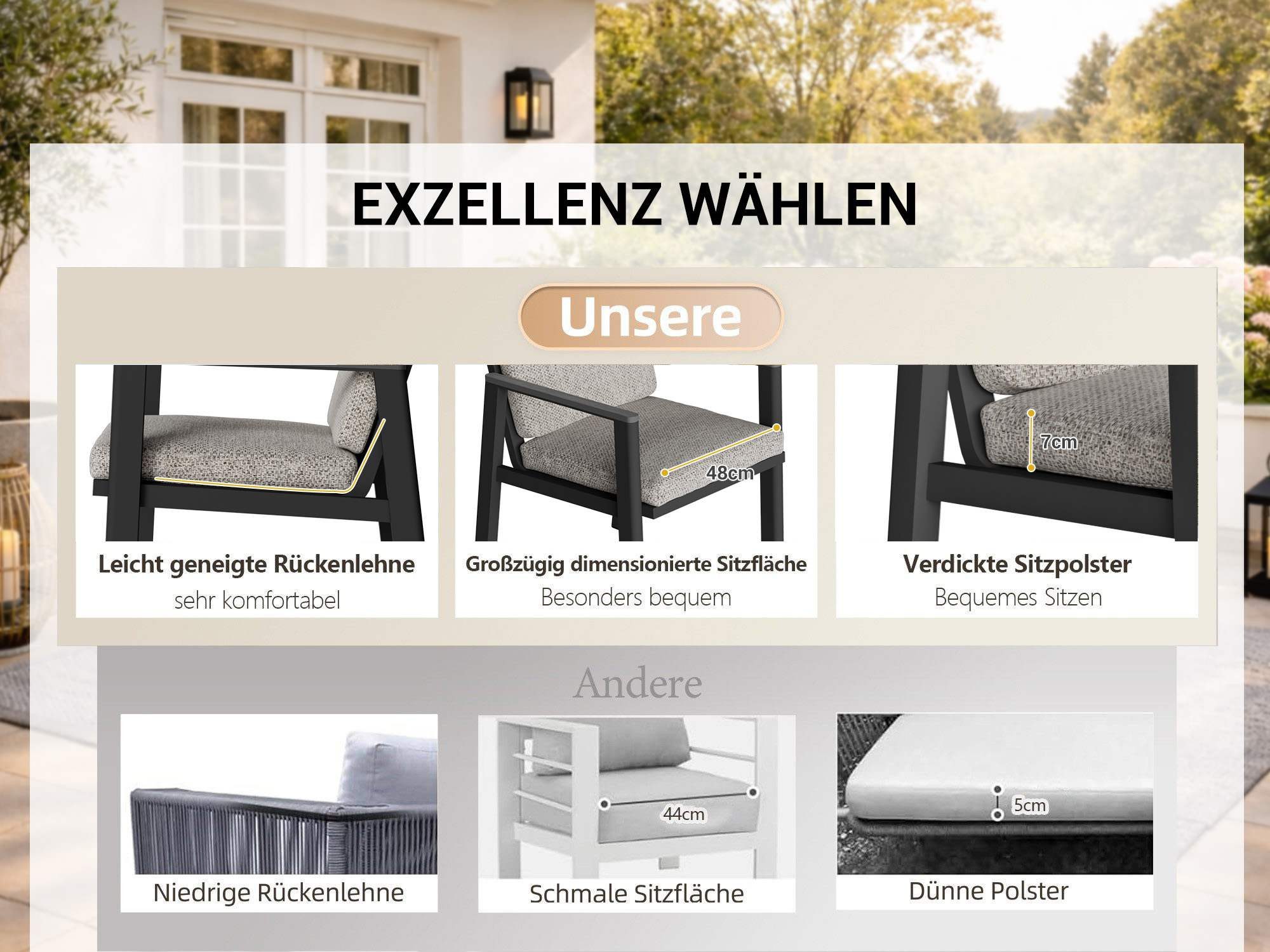 MeXo Gartenstuhl Aluminium Gartenmöbel Esstischstuhl mit Kissen (ergonomischen Sesseln, 6 St), Belastbarkeit pro Sitzplatz 140 kg – Bild 5 von 5