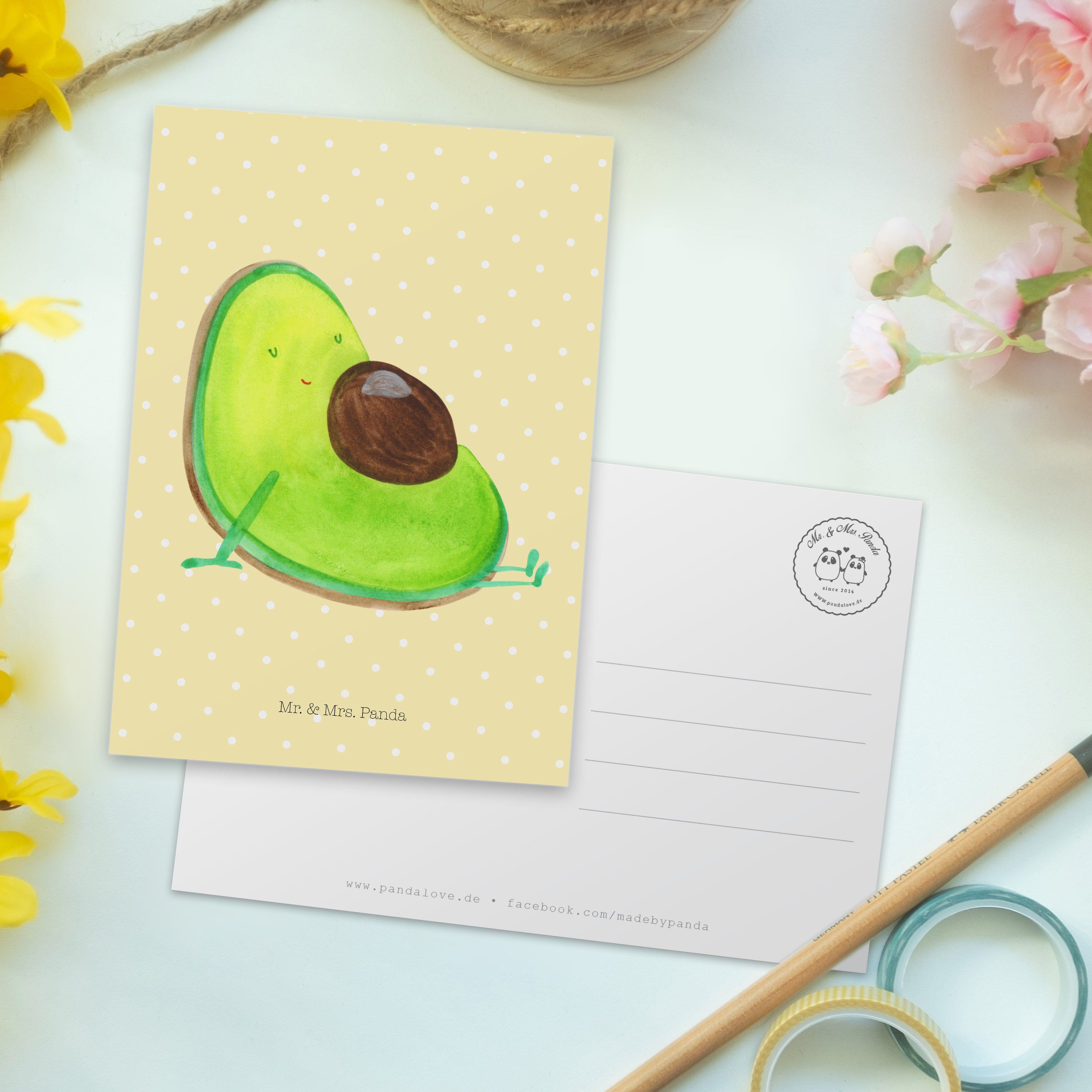 schwanger Mrs. Panda & Postkarte - Mr. Avocado Karte, Geschenk, Geburtstag Vegan, Pastell - Gelb