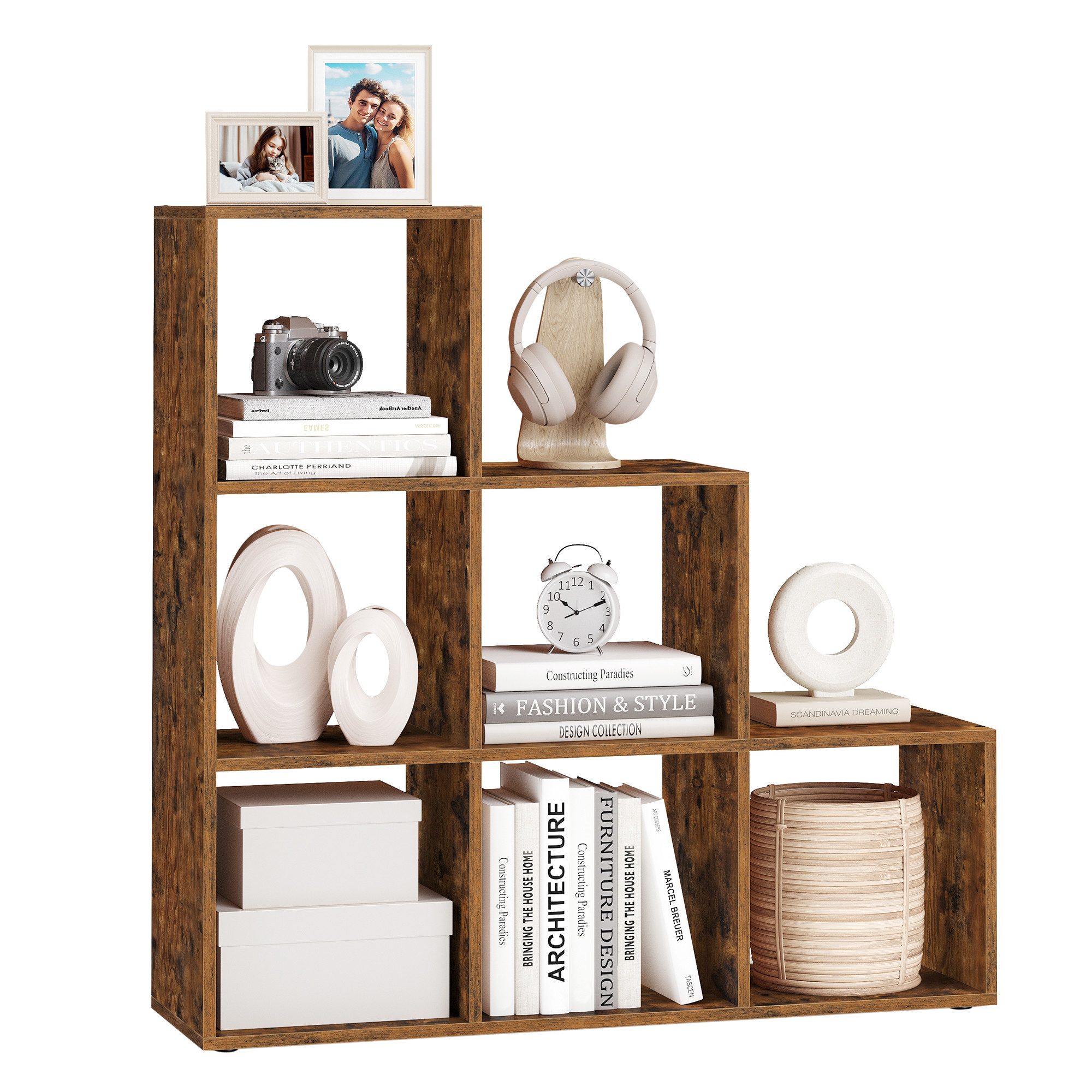 VASAGLE Bücherregal Stufenregal, Standregal, für Büro, Wohnzimmer, Schlafzimmer, mit 6 Würfeln, Leiterregal, als Raumteiler, Würfelregal, freistehend