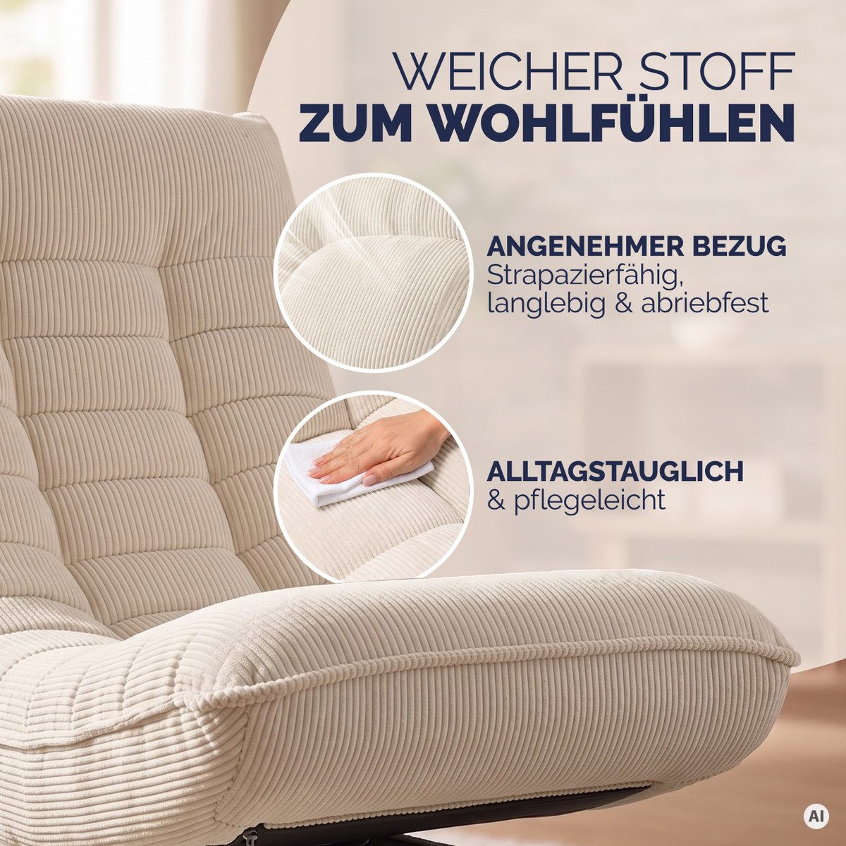 Casaria Relaxsessel Aberdeen Cord, verstellbare Lehne Drehbar Klappbar 150kg Belastbarkeit 60x105x87cm – Bild 5 von 5