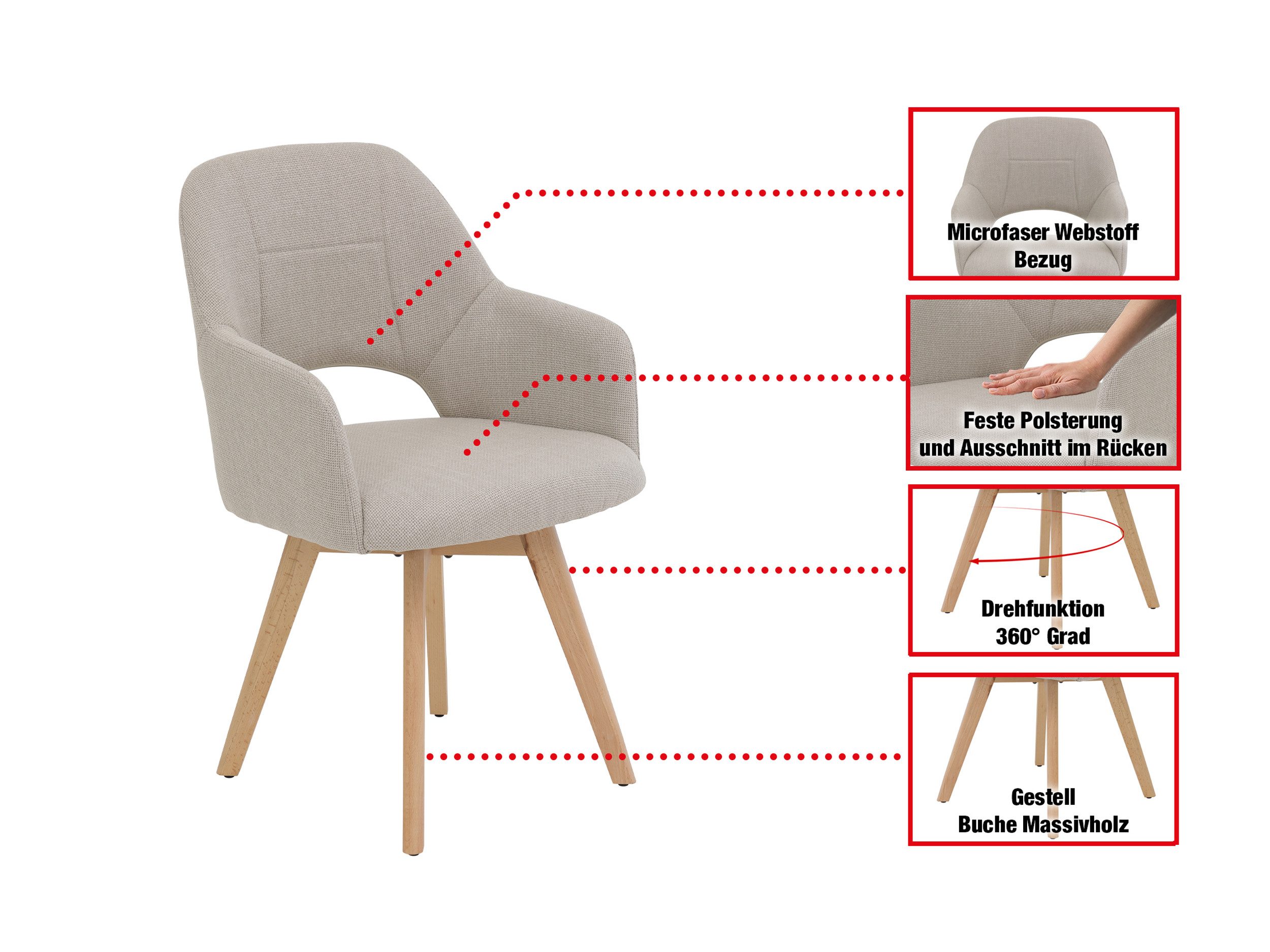 Massivart® Polsterstuhl 360 Grad drehbar, Esszimmerstuhl mit Armlehnen, Webstoff, »STADE«, Gestell Buche massiv unbehandelt • Sitz fest gepolstert • BOHO Stil