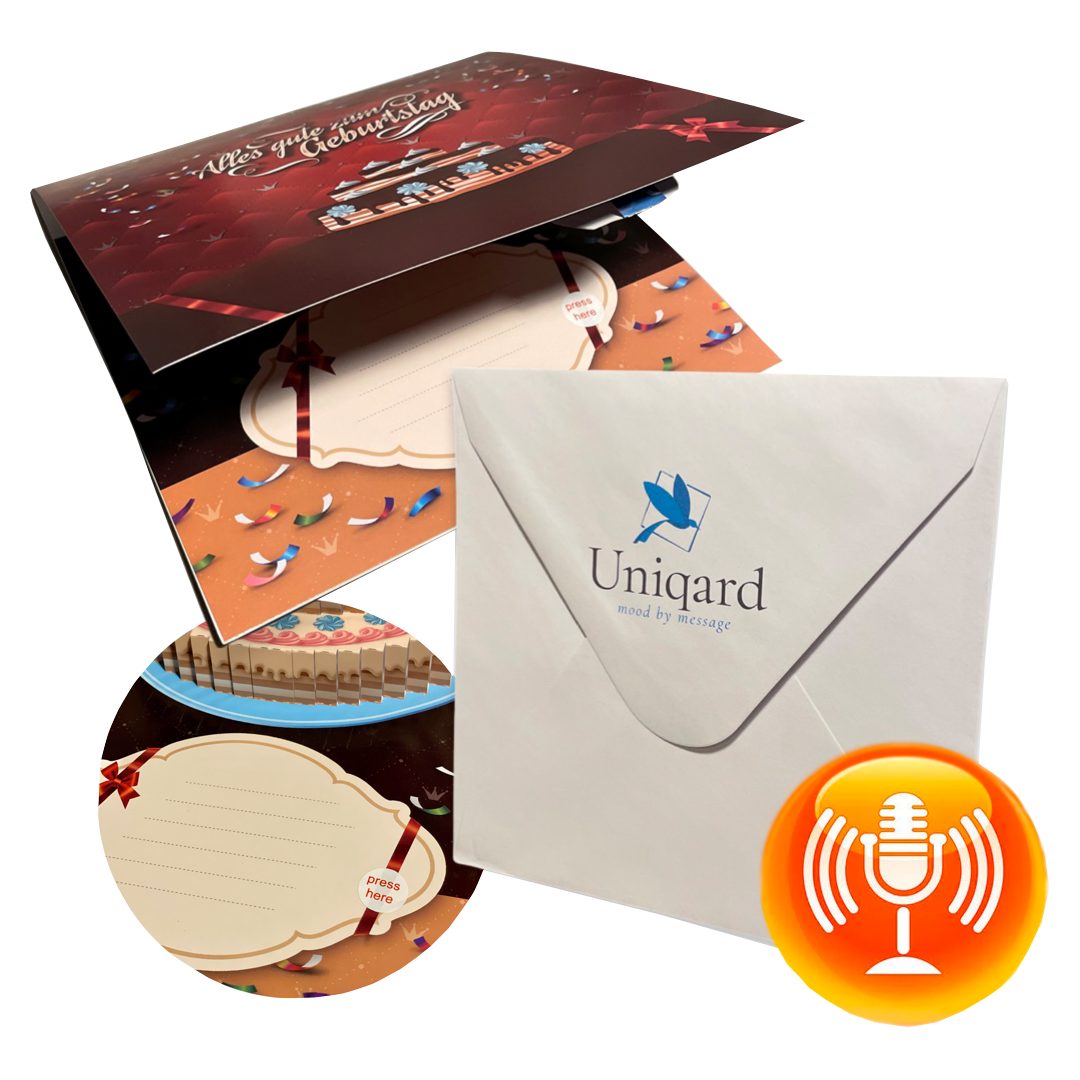 UNIQARD Glückwunschkarte UNIQARD® 3D Pop-Up Geburtstagskarte mit Aufnahmefunktion Geburtstagstorte für Männer Kuchen Cake Rot und Schön Ideal als Geschenk