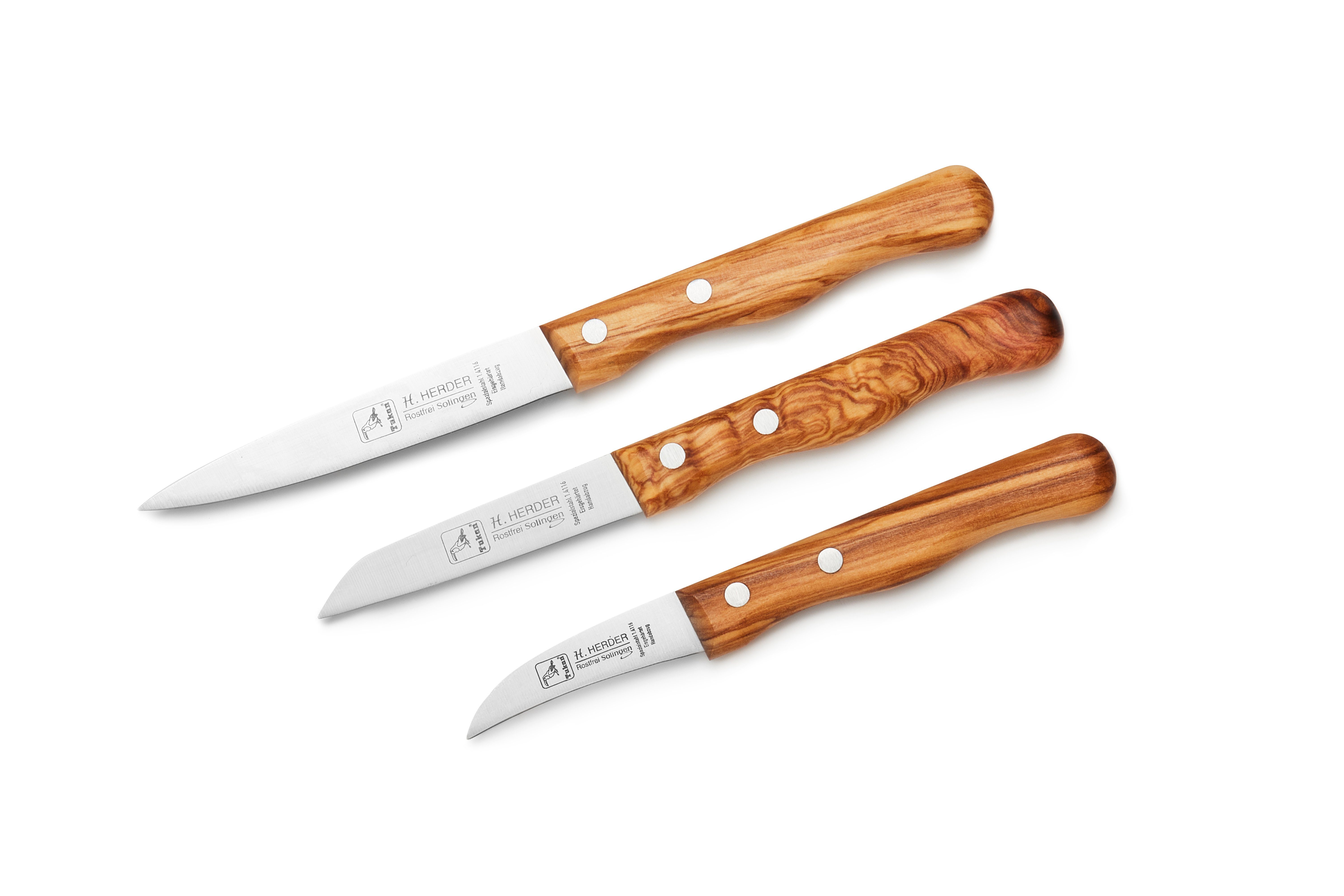 H. Herder Universalküchenmesser 3er-Set Küchenmesser Olivenholz - rostfrei, Klinge aus legiertem Spezialstahl, Griff aus Olivenholz