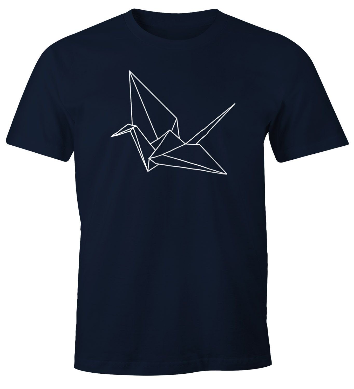Kranich Geometrisch T-Shirt Vogel MoonWorks navy Moonworks® Print Crane Print-Shirt Origami mit Herren Bird