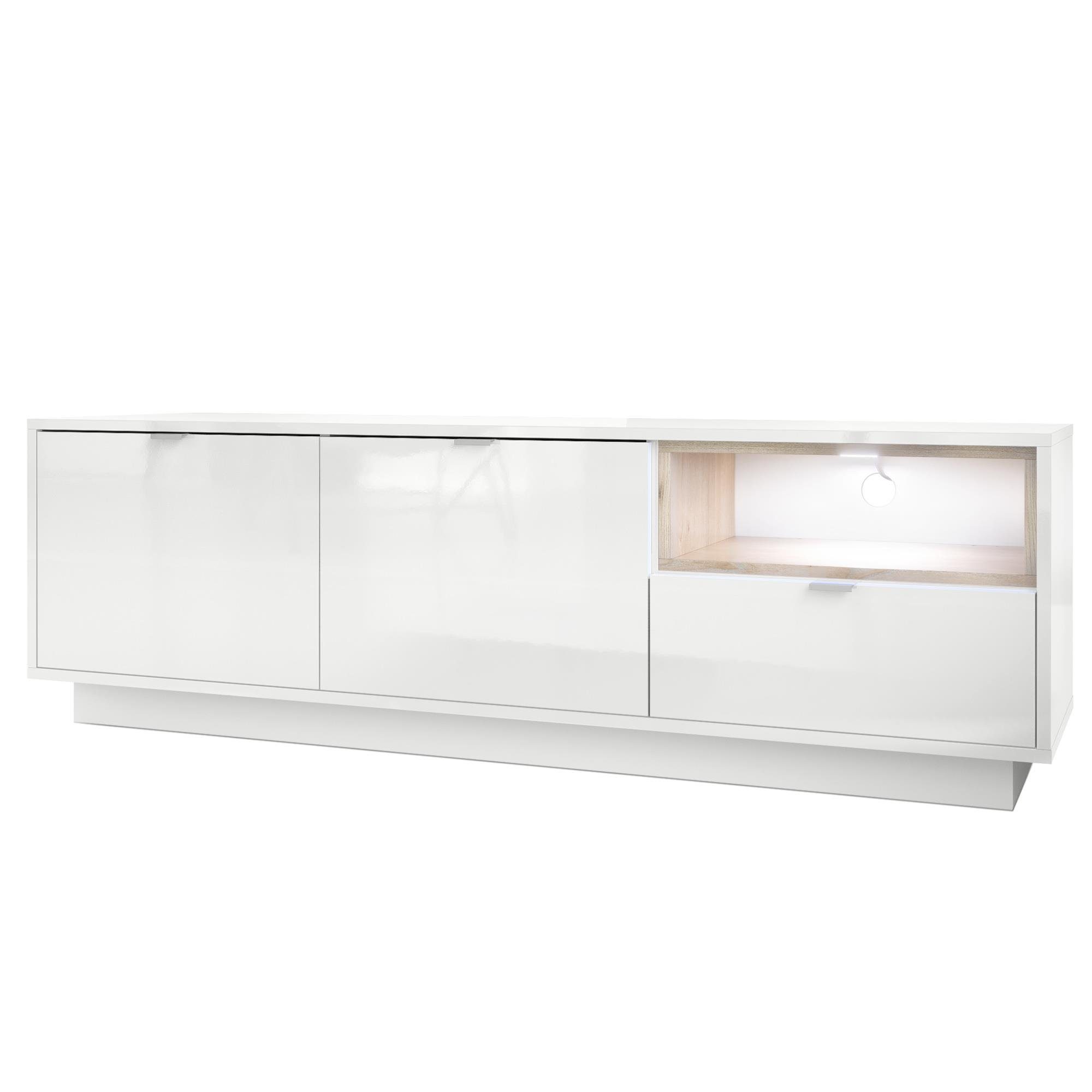 Vladon Lowboard Metro (Lowboard, mit 2 Türen, Schublade und offenem Fach), Weiß Hochglanz/Eiche Nordic inkl. LED-Beleuchtung (153 x 48 x 37 cm)