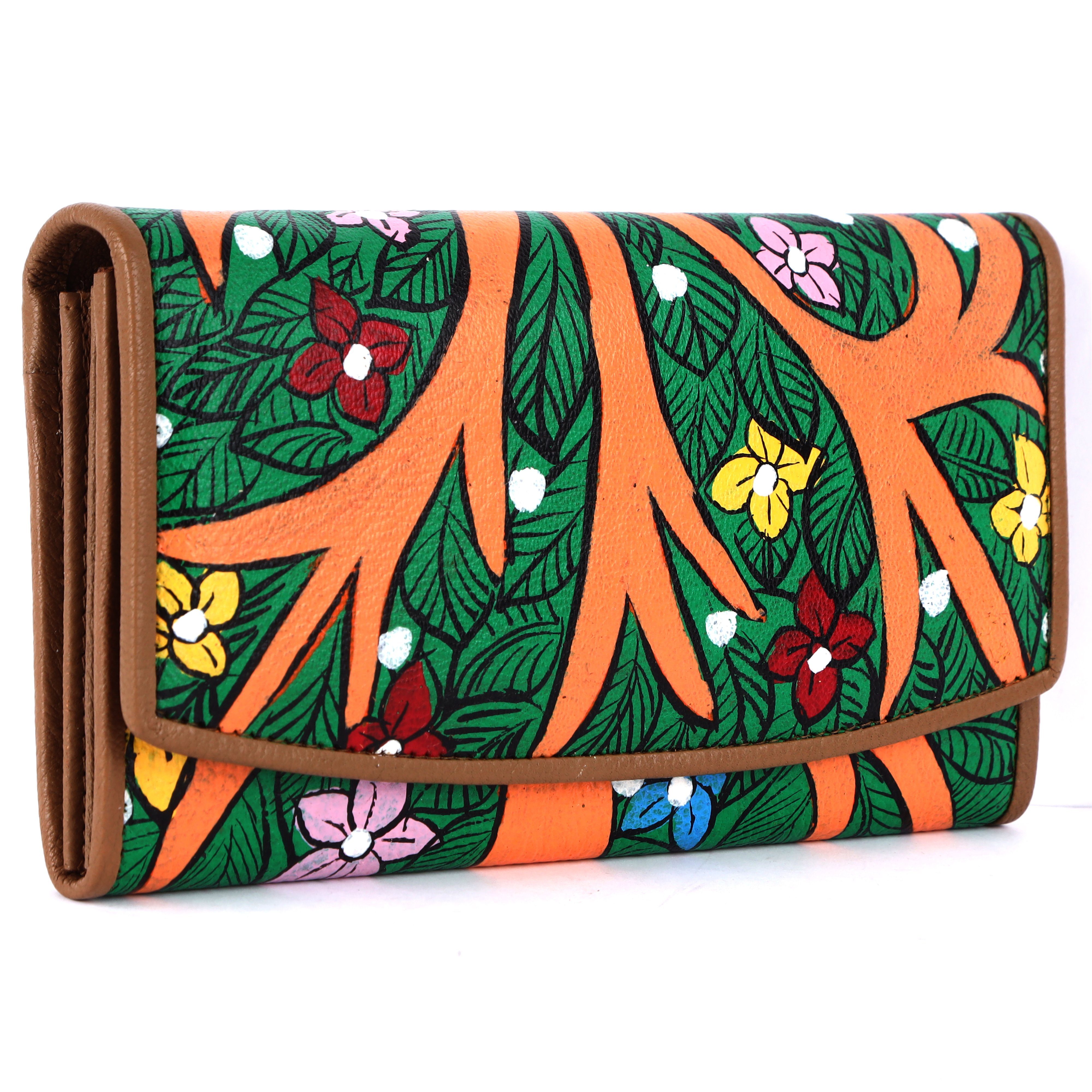 Mercano Geldbörse für Damen mit handbemalten Blumenmuster aus Echtleder (inkl. Geschenkbox), RFID-Schutz, Münzfach, vielseitige Dokumentfächer