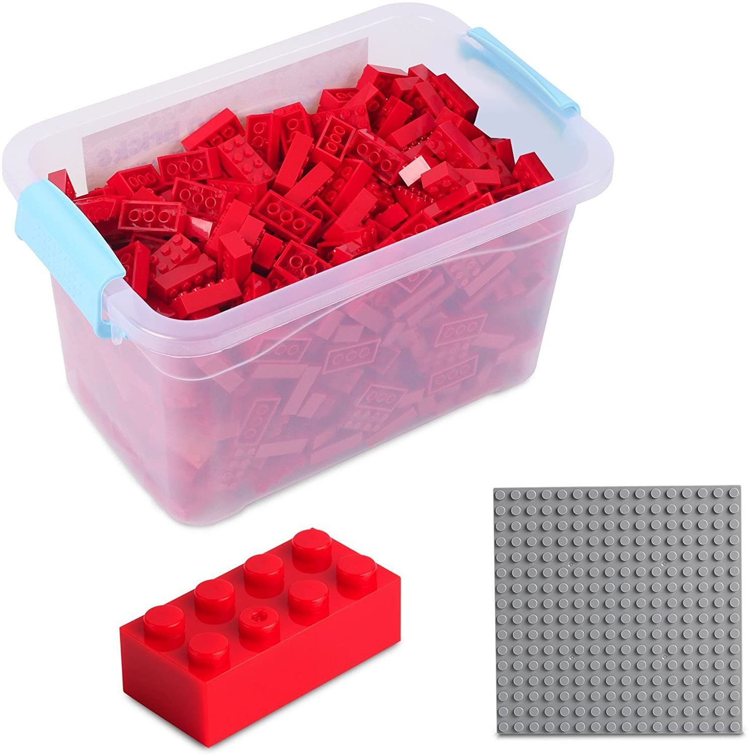 Katara Konstruktionsspielsteine Bausteine Box-Set mit 520 Steinen + Platte + Box, (3er Set), Kompatibel zu allen Anderen Herstellern - verschiedene Farben rot