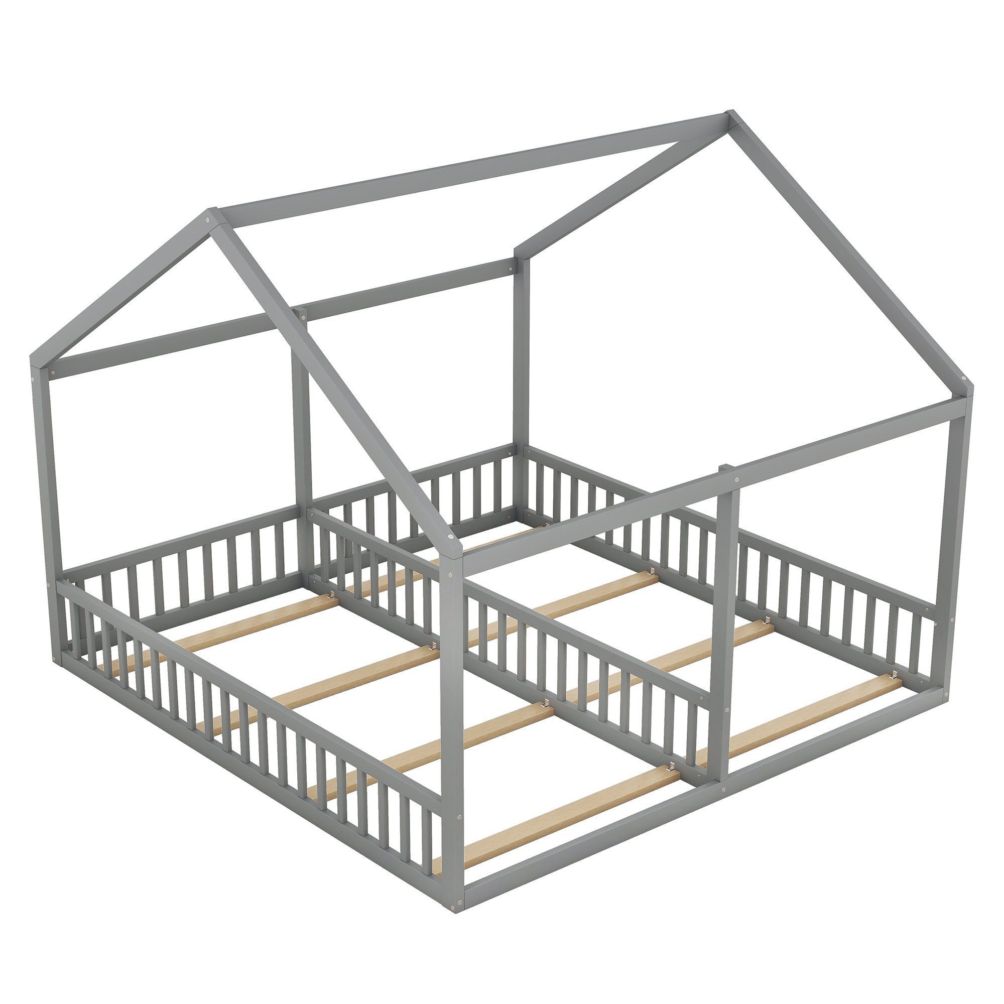 Kinderbett Hausform Einzel Flachbett Dach Fenster Kiefer Grau/Natur/Weiss 90x200