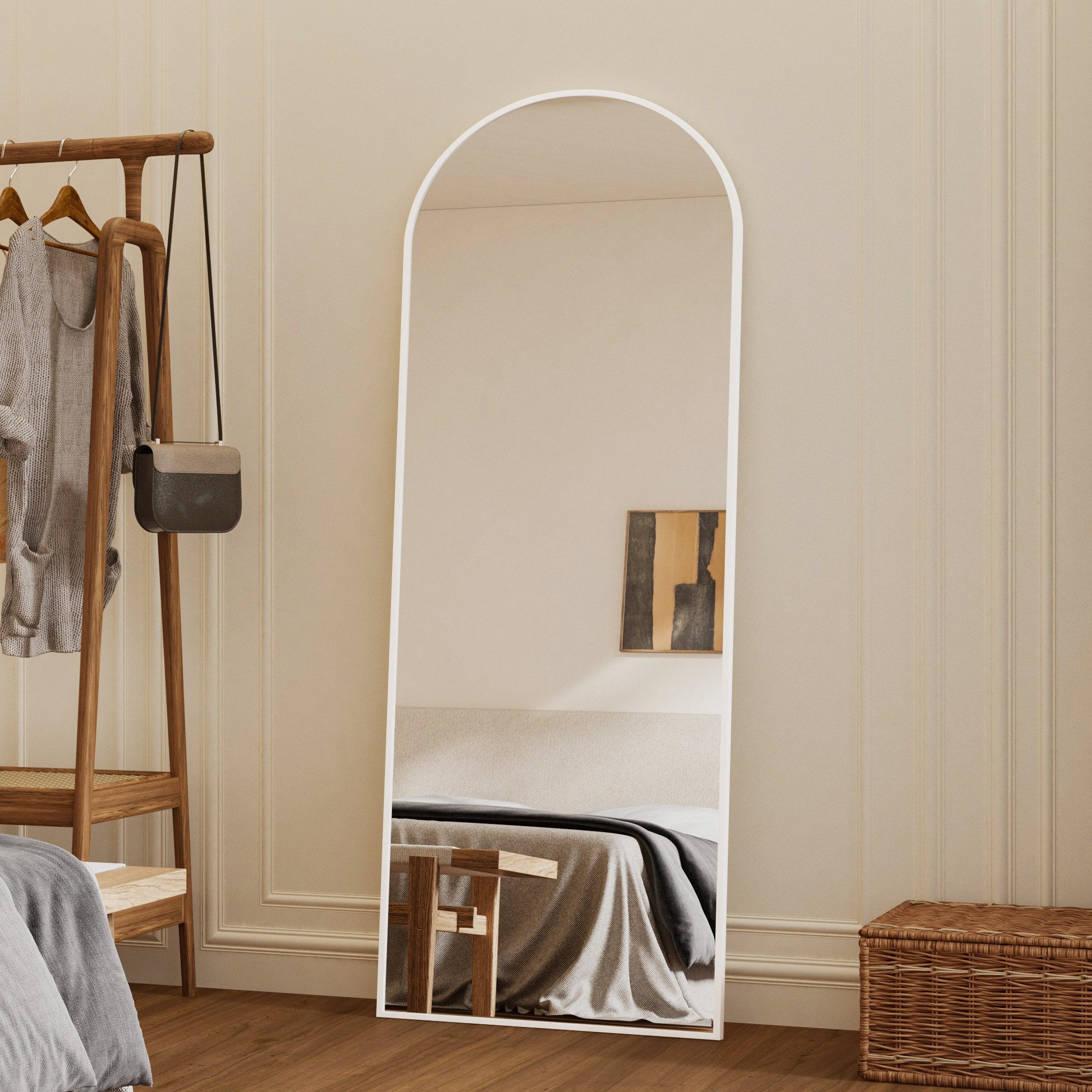 GOEZES Standspiegel Weiß 160x50 150x50cm Spiegel Wandspiegel groß Flurspiegel ganzkörper (Ganzkörperspiegel Rundbogen, mit Alu Rahmen, Metall Haken), 2 Installationsmethoden