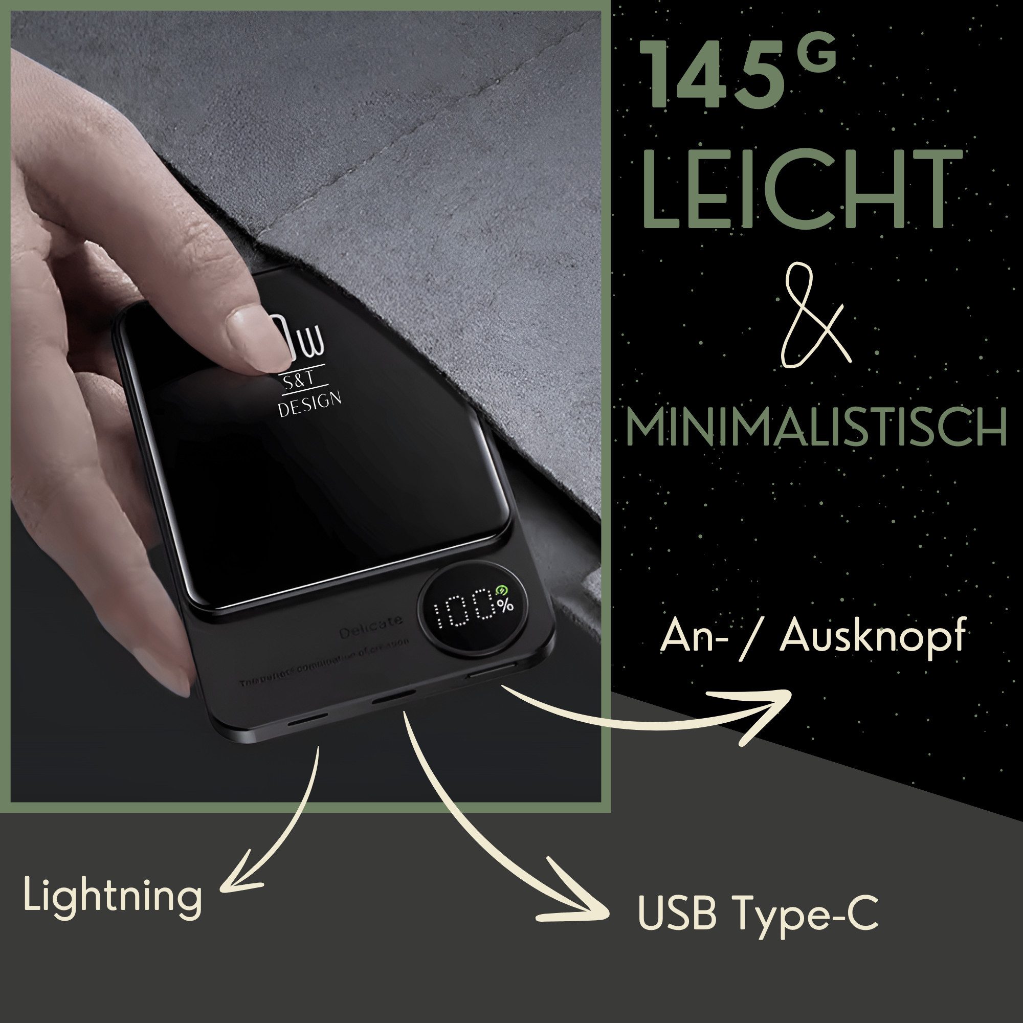 S&T Design Magnetisch Powerbank Magsafe kompatibel Kabellos Externer Akku Powerbank 20W PD 5000 mAh (5 V), Wireless LED Statusanzeige Schnellladefunktion – Bild 5 von 5