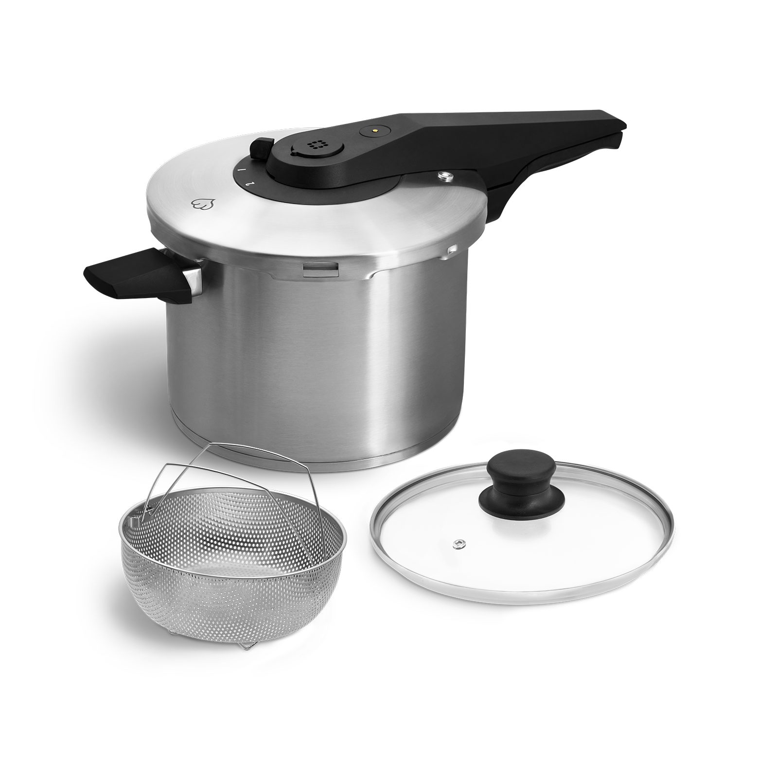 Springlane Schmortopf 6,0 L - Induktion geeignet, Dampfgarer und Glasdeckel, Edelstahl, Aluminium, rostfreier Edelstahl, Druckanzeige, 5 Sicherheitsmechanismen