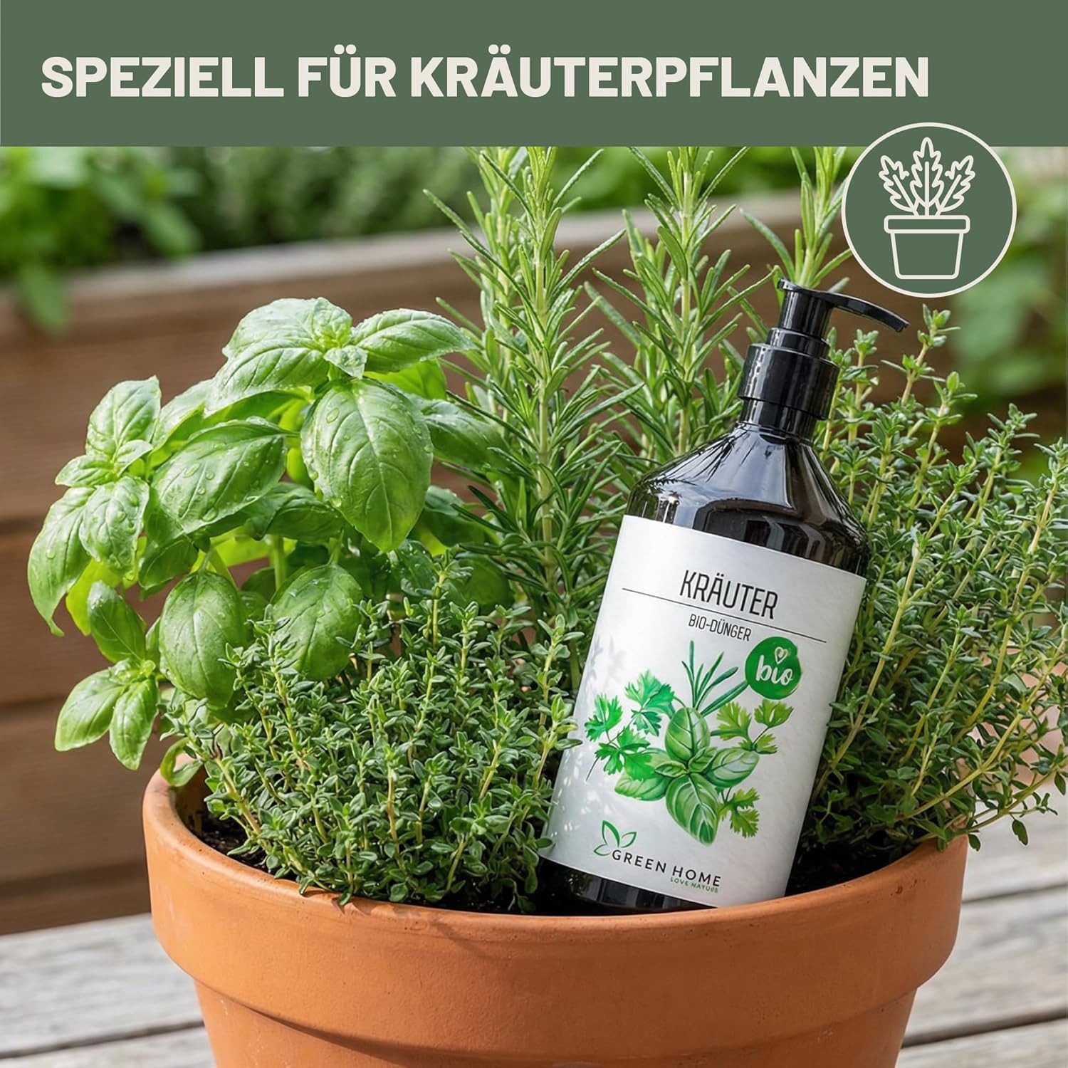 GREEN HOME LOVE NATURE Kräuterdünger Bio-Dünger flüssig NPK 3+2+6 für Kräuter, Basilikum & Rosmarin, Kräuter, 100 % bio, organisch-mineralisch, extra Kalium, Dosierpumpe