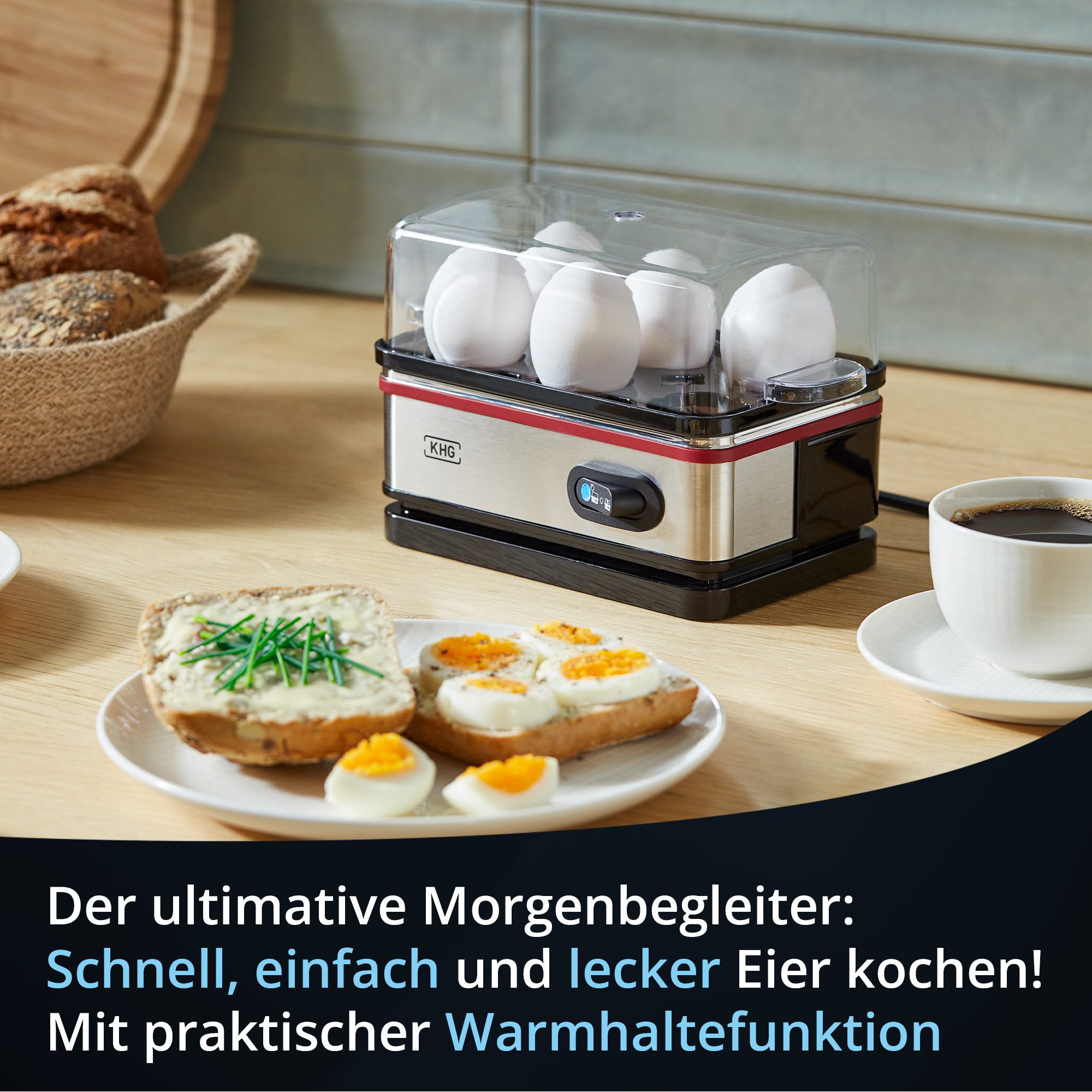 KHG Eierkocher Edelstahl, Warmhaltefunktion, inkl. Messbecher mit Nadel, Anzahl Eier: 6 St., 400 W, Aluminiumheizplatte, Kabelfach auf der Unterseite