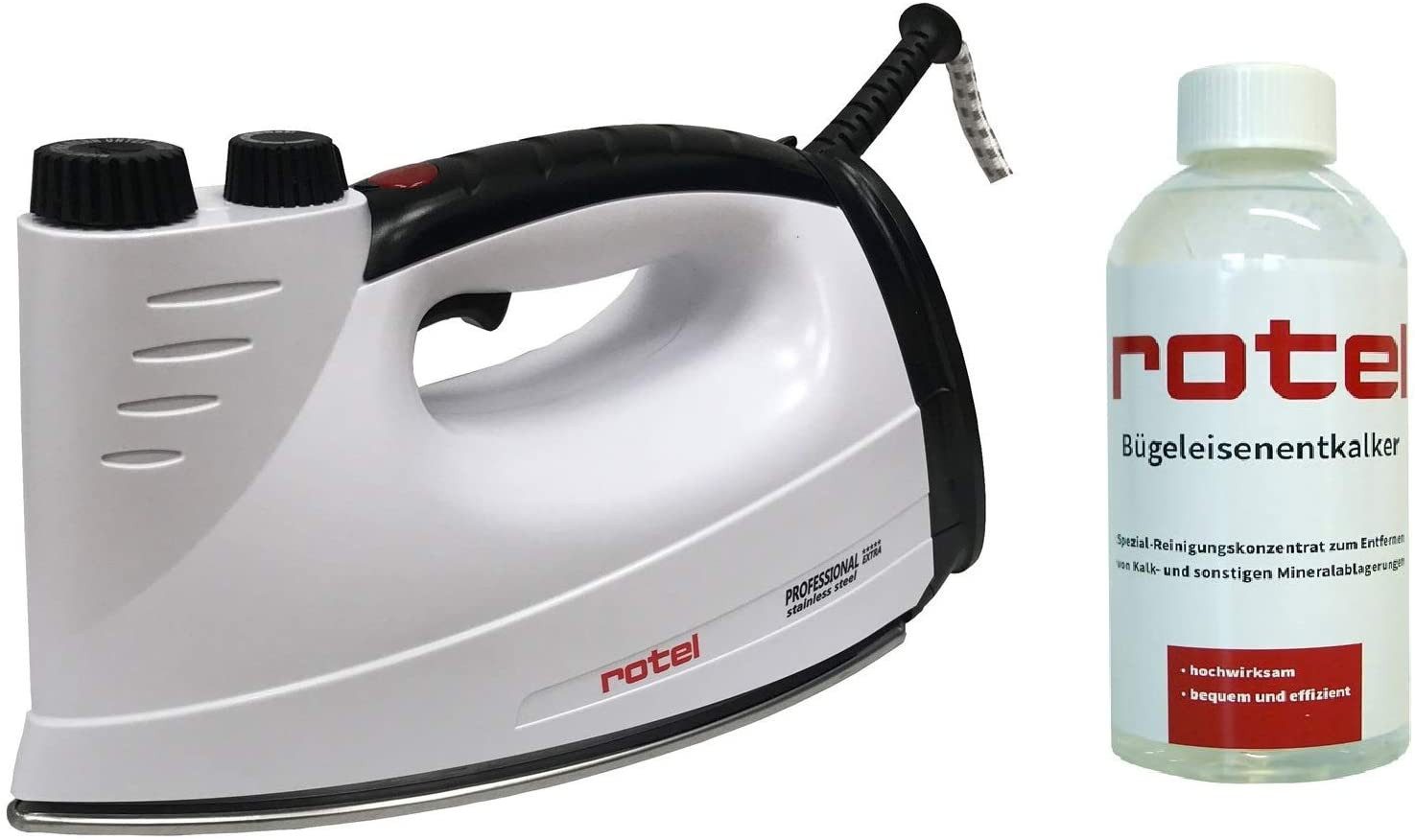 Rotel Dampfbügeleisen Rotel Prof Extra Edelstahl SCHWARZ + Rotel Bügeleisenentkalker 500 ml