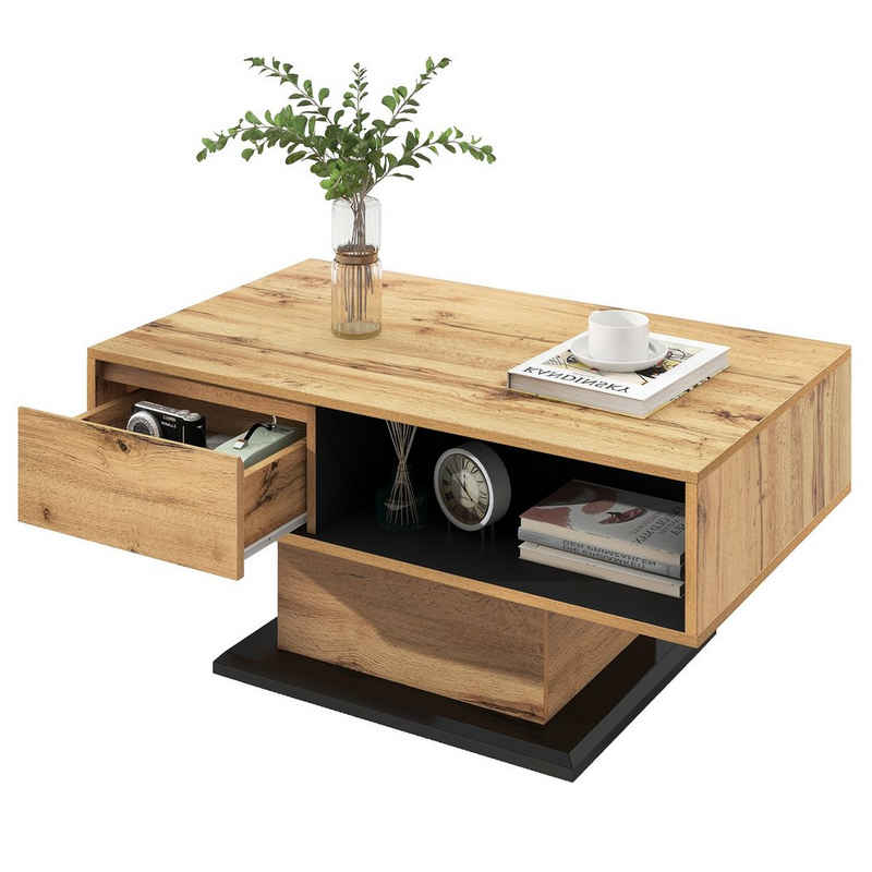 BlingBin Couchtisch Sofatisch Wohnzimmertisch Couchtisch mit Holzmaserung großer Stauraum (mit Eine grifflose Schublade, ein Staufach und Heckstaufach), Gesamtabmessungen:100 x 47x 60 cm