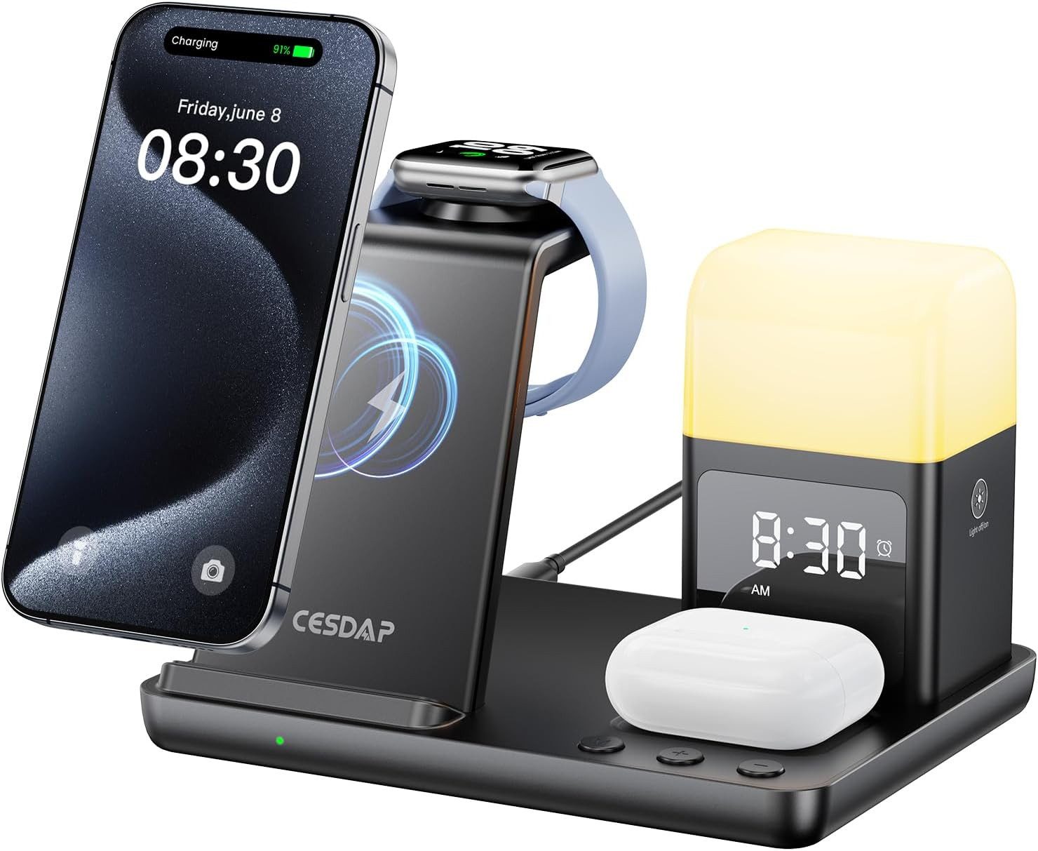 GreenHec Ladestation 5in1 iPhone Apple Watch Wecker Digital Induktives Wireless Wireless Charger (3000 mA, Spar-Set, Wireless Charging Pad, Magsafe 17 16 15 14 13 12 Pro Max Air Plus Charger Induktionsladegerät)