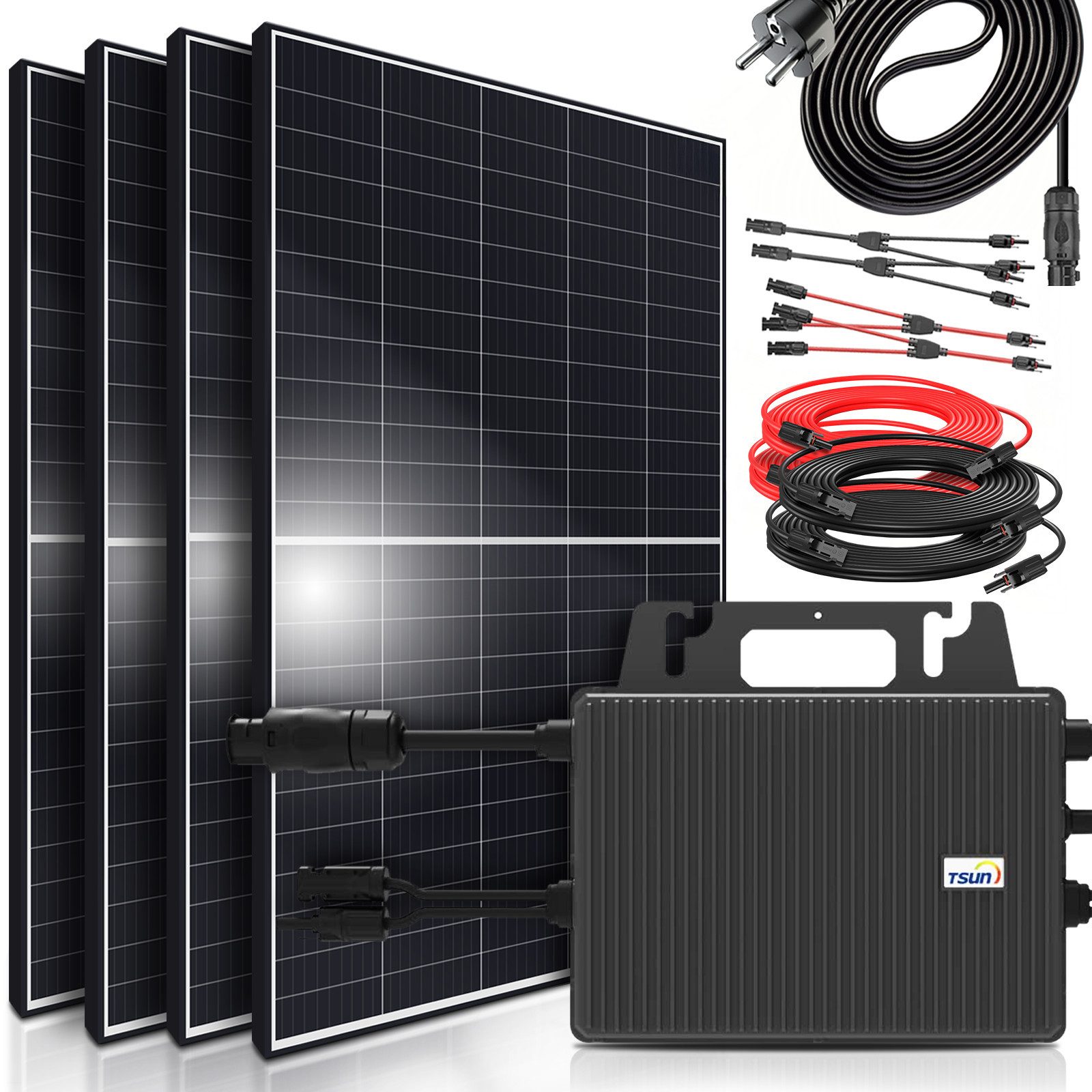 SUNNIVA Balkonkraftwerk 1700W/800W komplett Steckdose, (TSUN 800W Micro Wechselrichter - PV Solaranlage Komplettset, 4x 425W (1700W) Solarmodule, inkl.5m Kabel, Y-Verteiler, Bluetooth, WIFI)