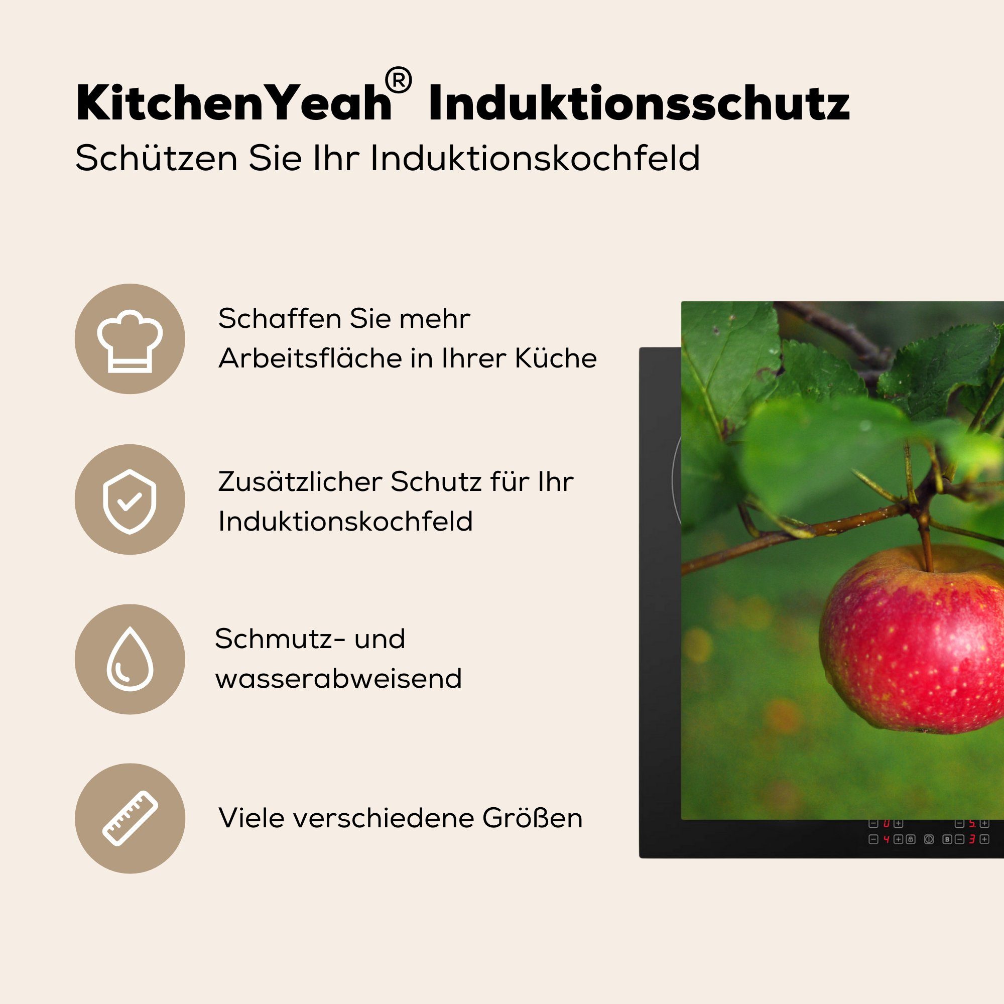 Vinyl, - Induktionskochfeld Ceranfeldabdeckung küche, Schutz 81x52 tlg), - Baum, MuchoWow für (1 cm, die Obst Apfel Herdblende-/Abdeckplatte