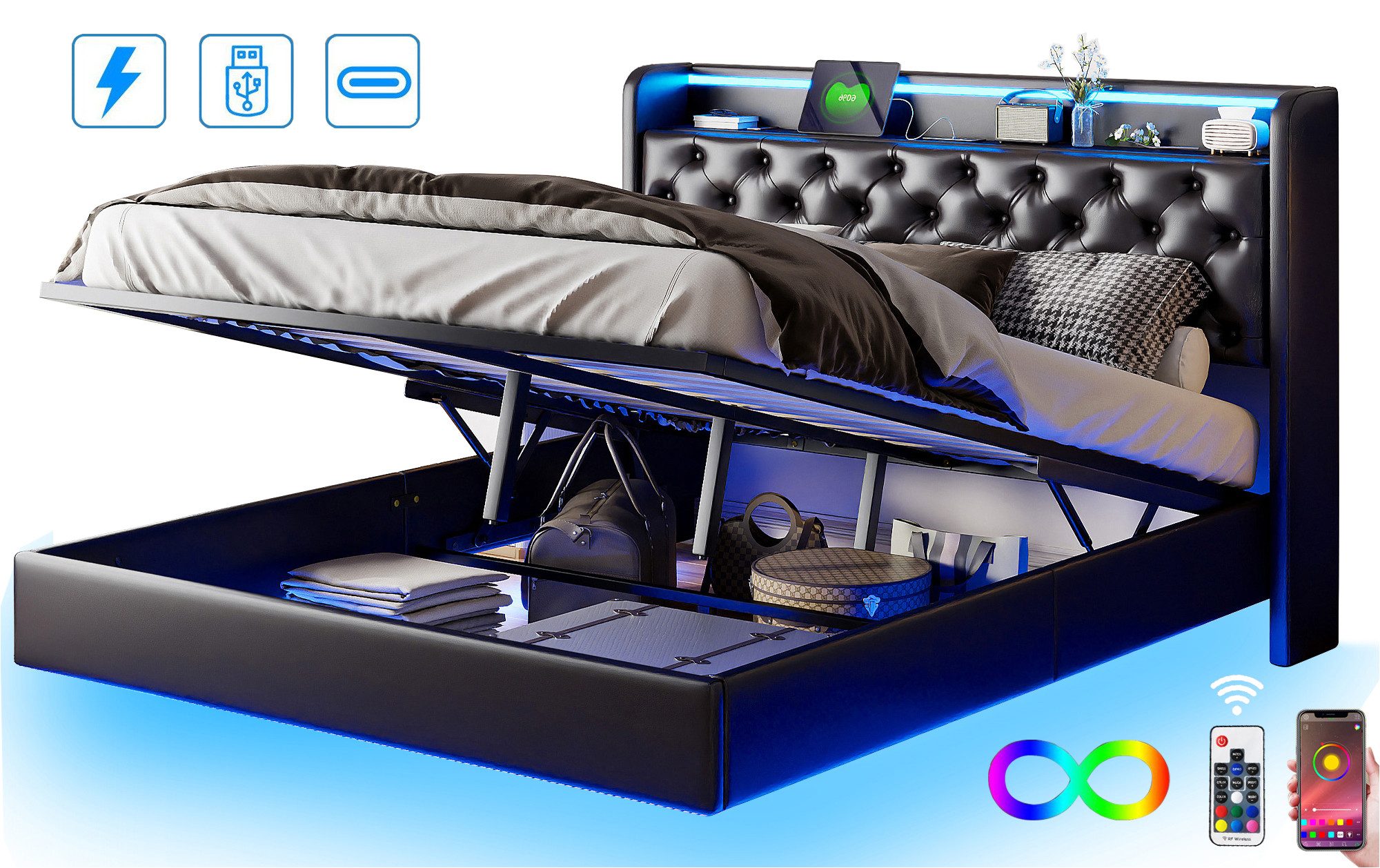 FUROKOY Polsterbett Doppelbett Stauraumbett mit Hydraulisch günstig online kaufen