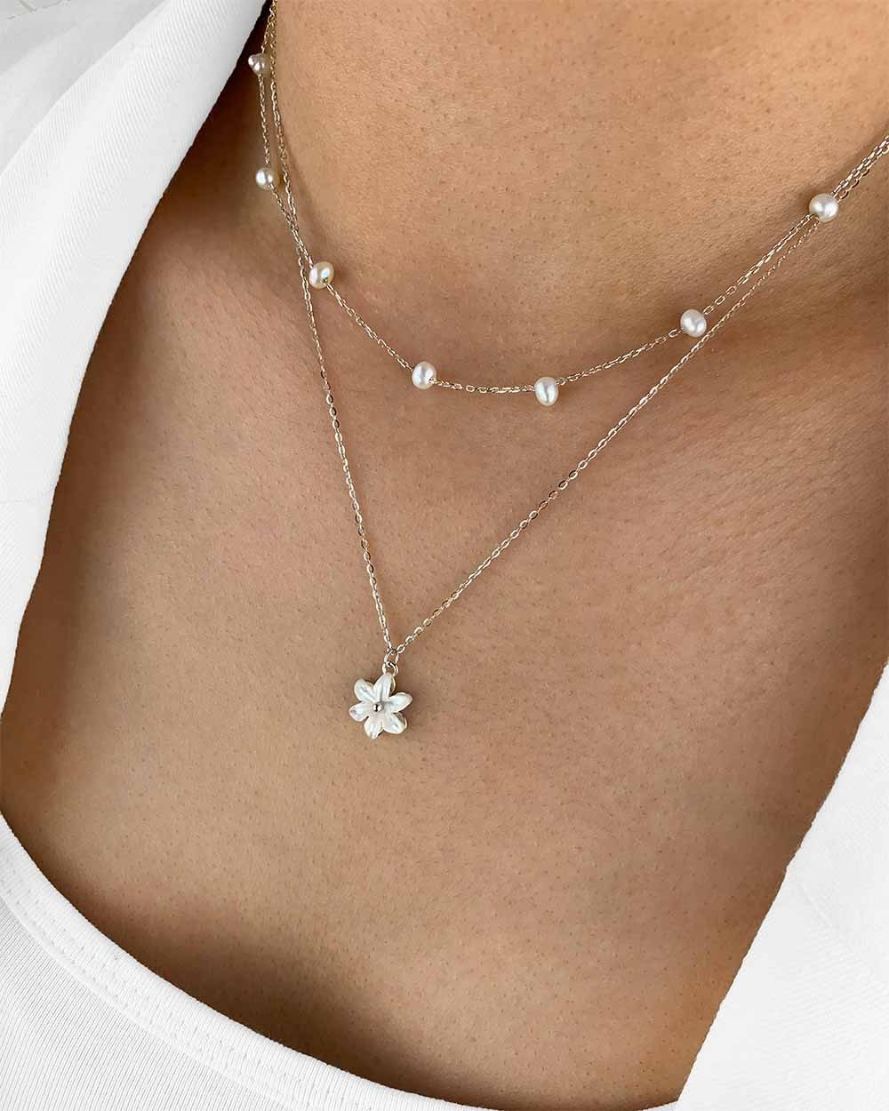 DANIEL CLIFFORD Kette mit Anhänger 'Florence' Damen Halskette Silber 925 Blüte Perle Anhänger 2-reihig (inkl. Verpackung)