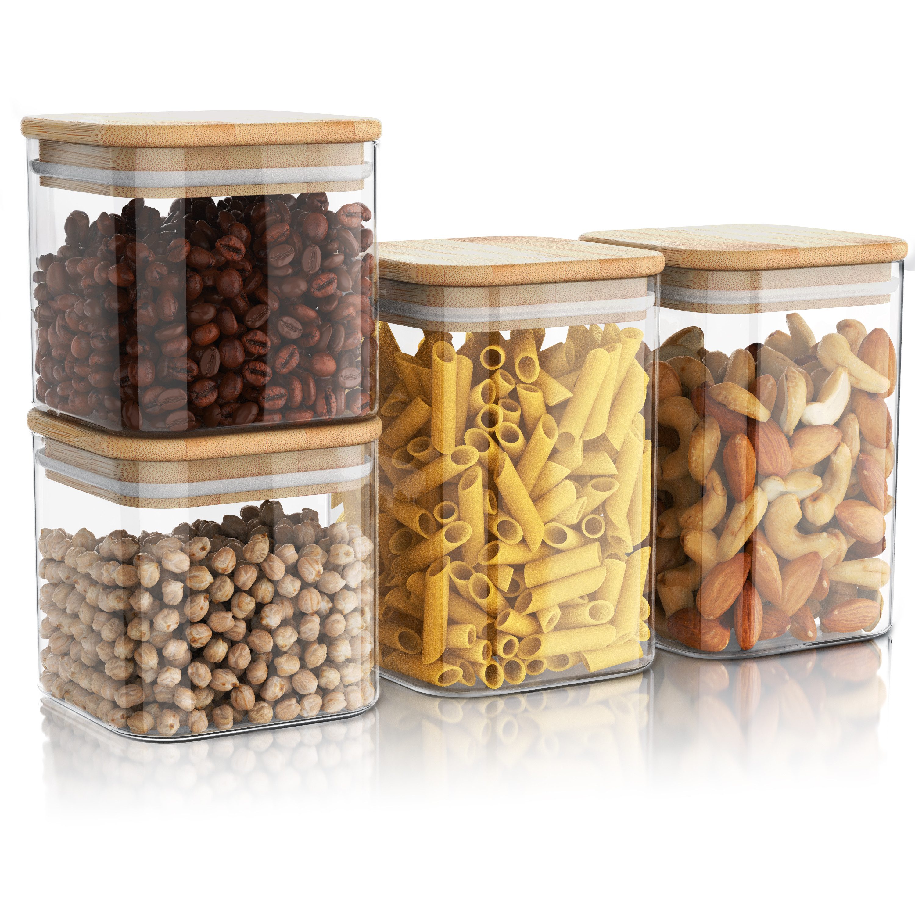 Arendo Aufbewahrungsbecher Glasbehälter 2x 0,8L & 2x 1,2L Borosilikatglas, Bambusdeckel luftdicht, Borosilikatglas, Bambus, Silikon, (Vorratsbehälter-Set, 4-tlg., 4er Set), Hitzebeständig, umweltfreundlich, langlebig, mikrowellengeeignet