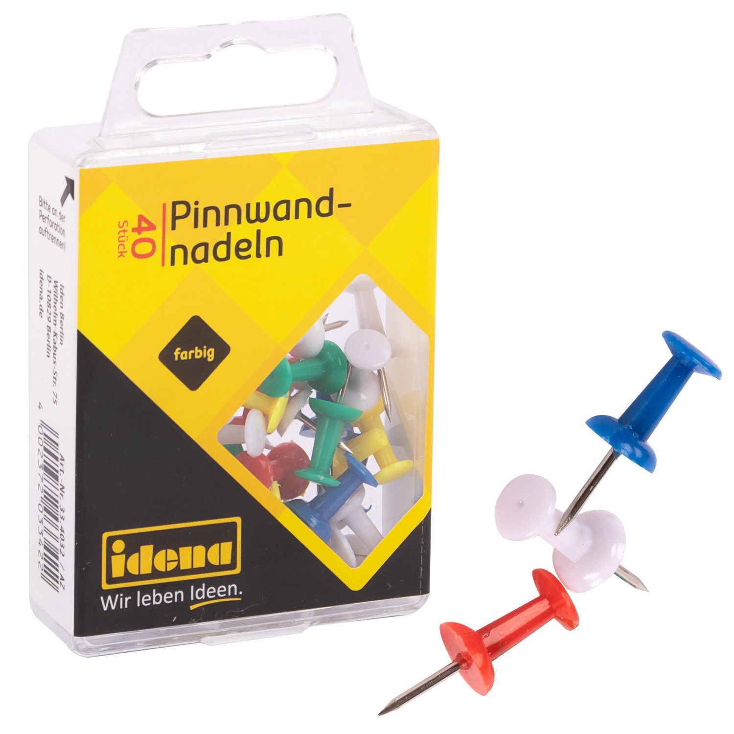 Idena Stecknadeln Idena 334032 - Pinnwandnadeln, 40 Stück, farbig sortiert, für Pinnwänd