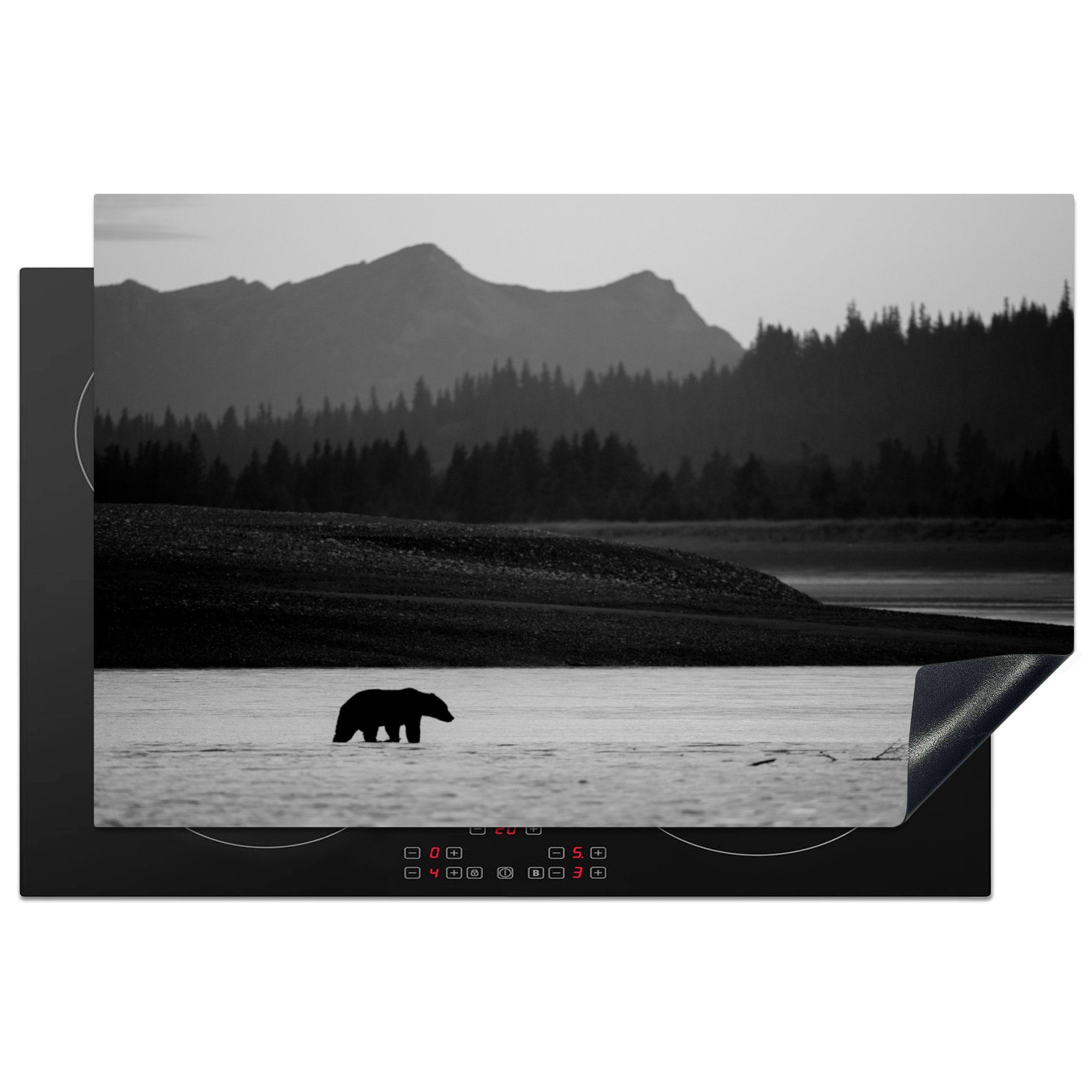 MuchoWow Herdblende-/Abdeckplatte Braunbär - schwarz und weiß, Vinyl, (1 tlg), 81x52 cm, Induktionskochfeld Schutz für die küche, Ceranfeldabdeckung