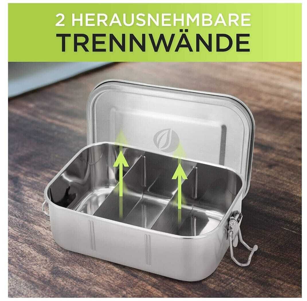ecoFAIR Lunchbox Edelstahl Brotdose 800ml Lunchbox mit 3 Fächern Besteck Set, Edelstahl, (Set, 9-tlg., Besteckset und Aufbewahrungsbox, Aufbewahrungsbeutel), in – Bild 4 von 5