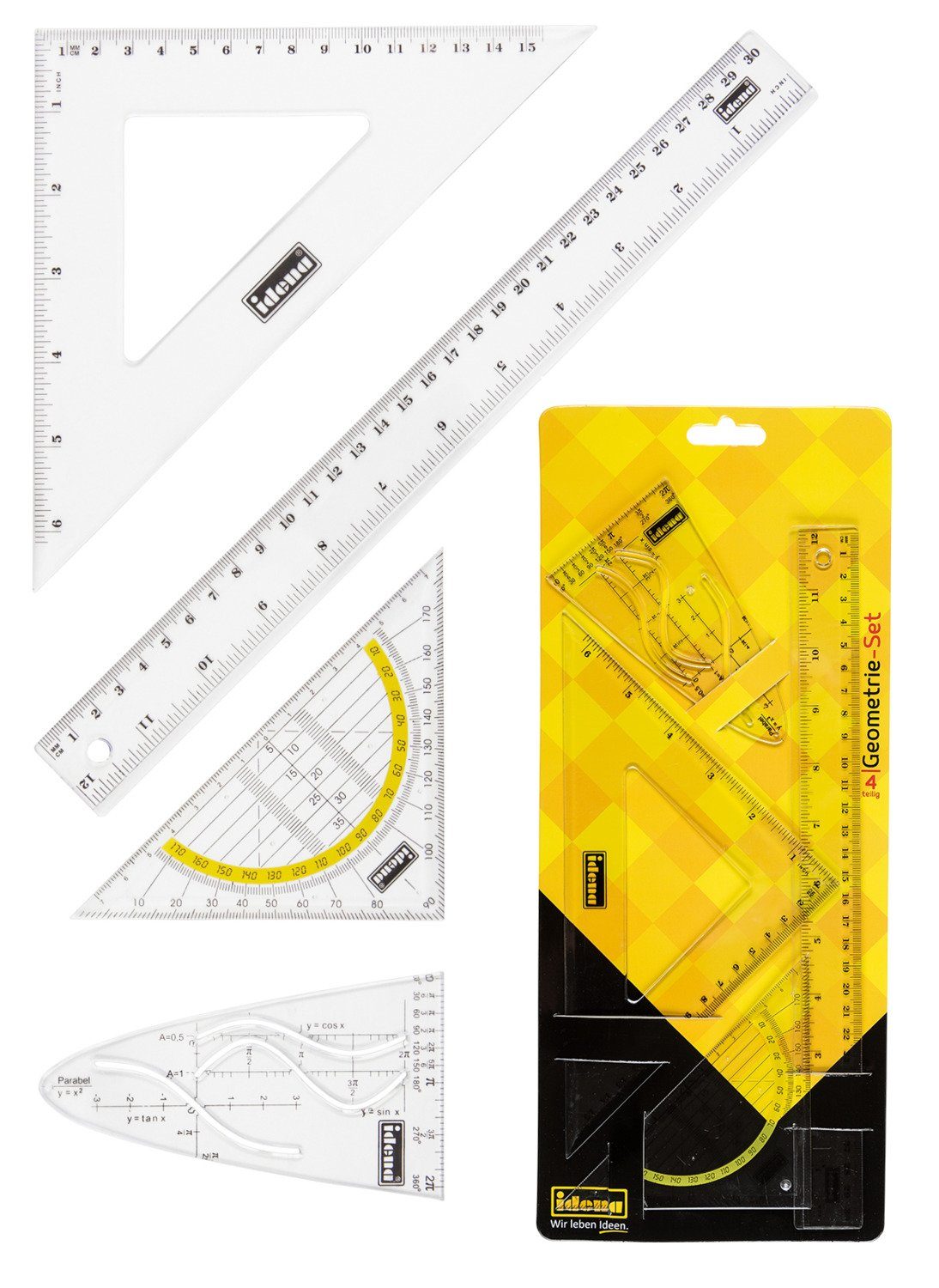 Idena Geodreieck Idena 602202 - Geo-Set 4-teilig, 30 cm mit Parabel