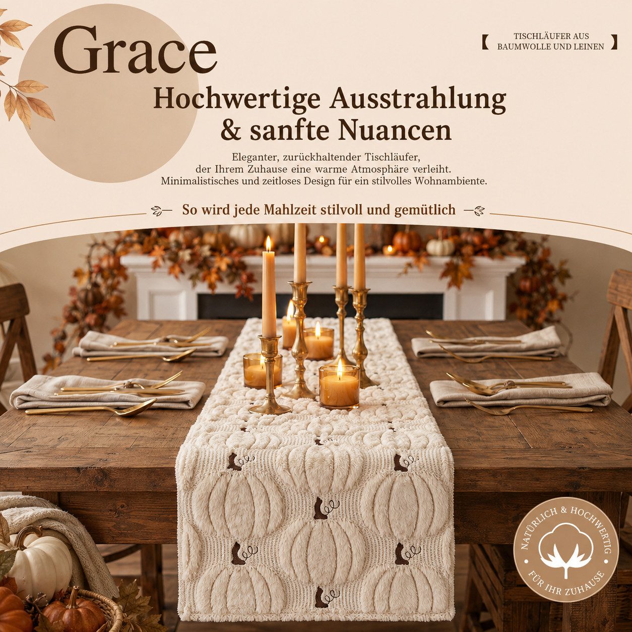 JASLIFE Tischläufer Herbst Kürbis 3D-Plüsch Herbstdeko, 3D-Kürbismotiv, weiche Plüschstickerei, Herbst Tischdeko – Bild 5 von 5