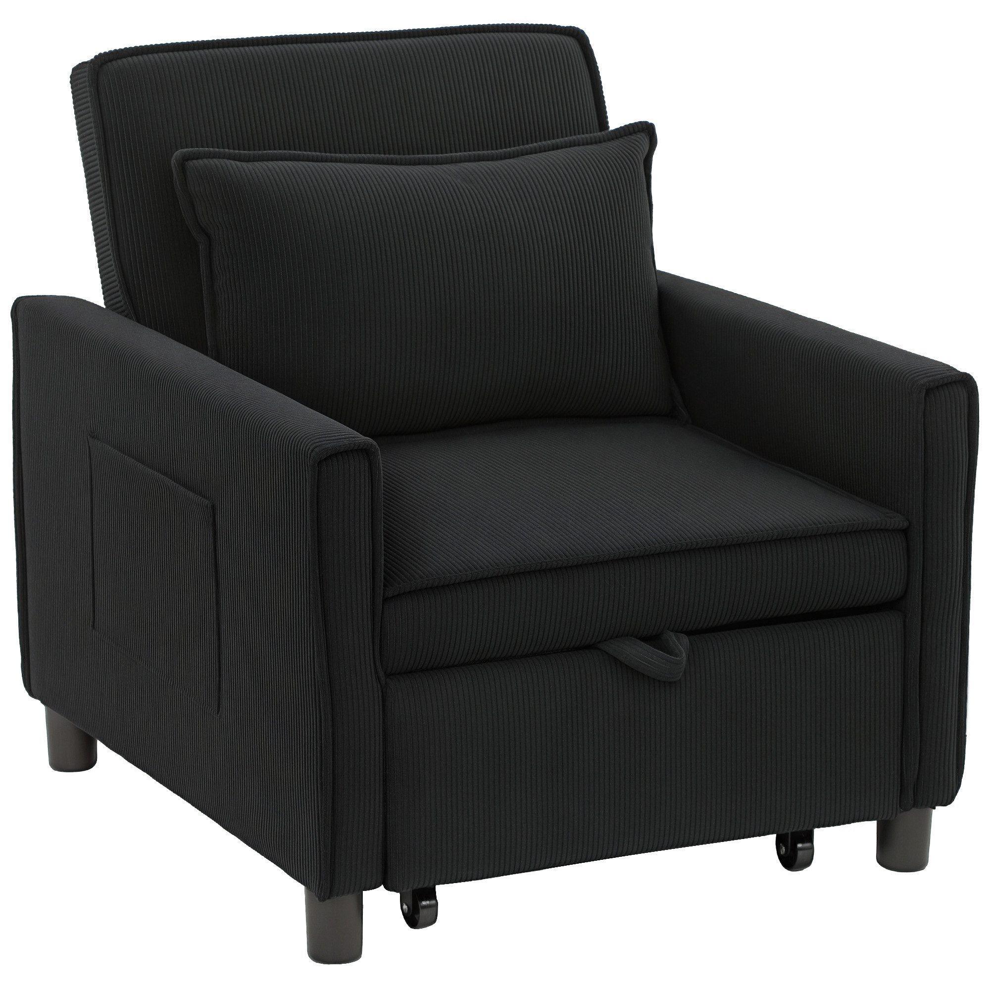 HOMCOM Sessel 3-in-1 Schlafsessel, Klappbett mit Bettfunktion, Lendenkissen (Liegestuhl, 1-St., Klappbett), für Wohnzimmer, Kord, Schwarz
