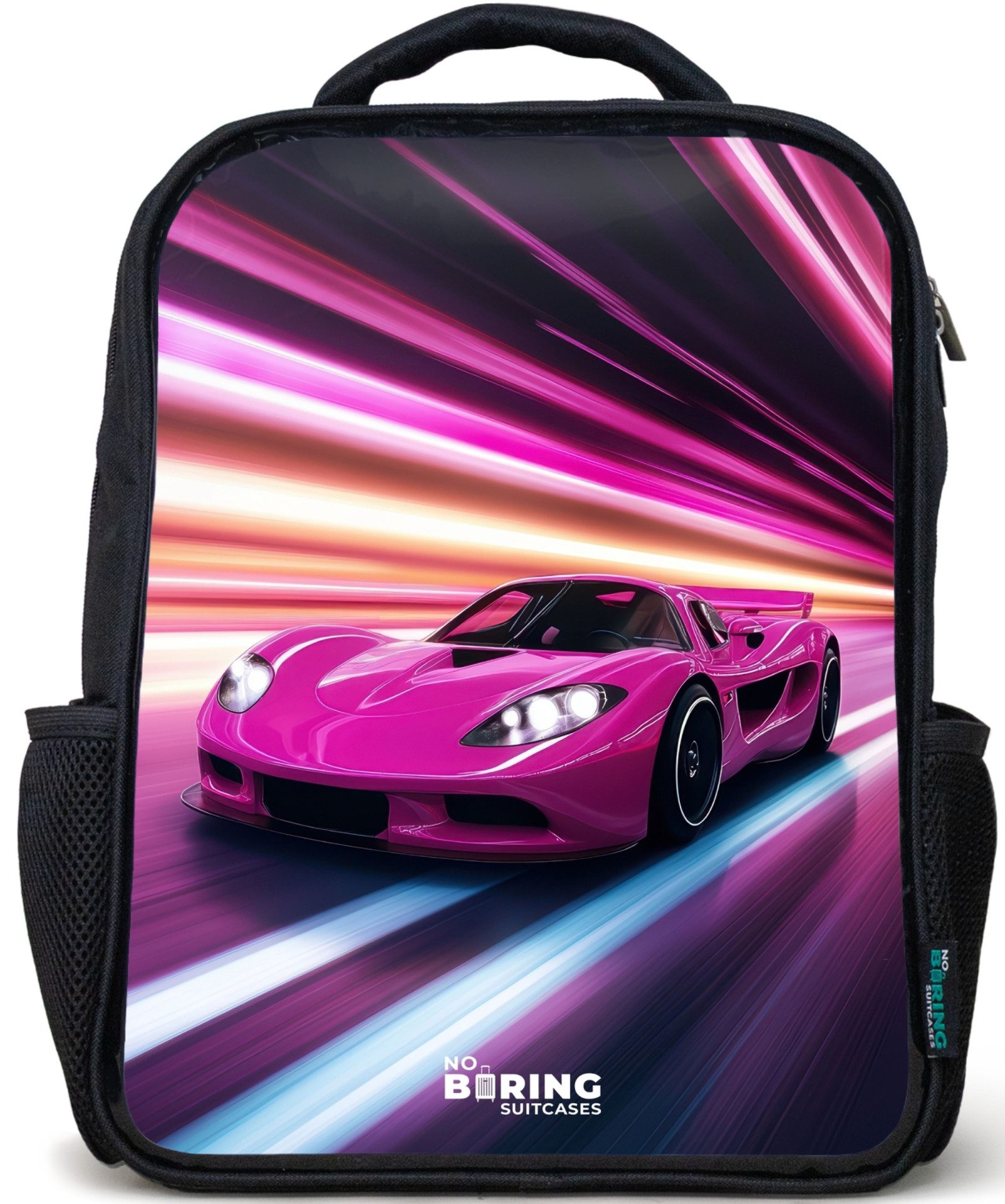 NoBoringSuitcases.com© Rucksack Schwarz - Rosa Rennwagen blinkt durch Neonlicht, Kinderrucksack Schwarz, Schulrucksack, Freizeitrucksack Jungen Mädchen