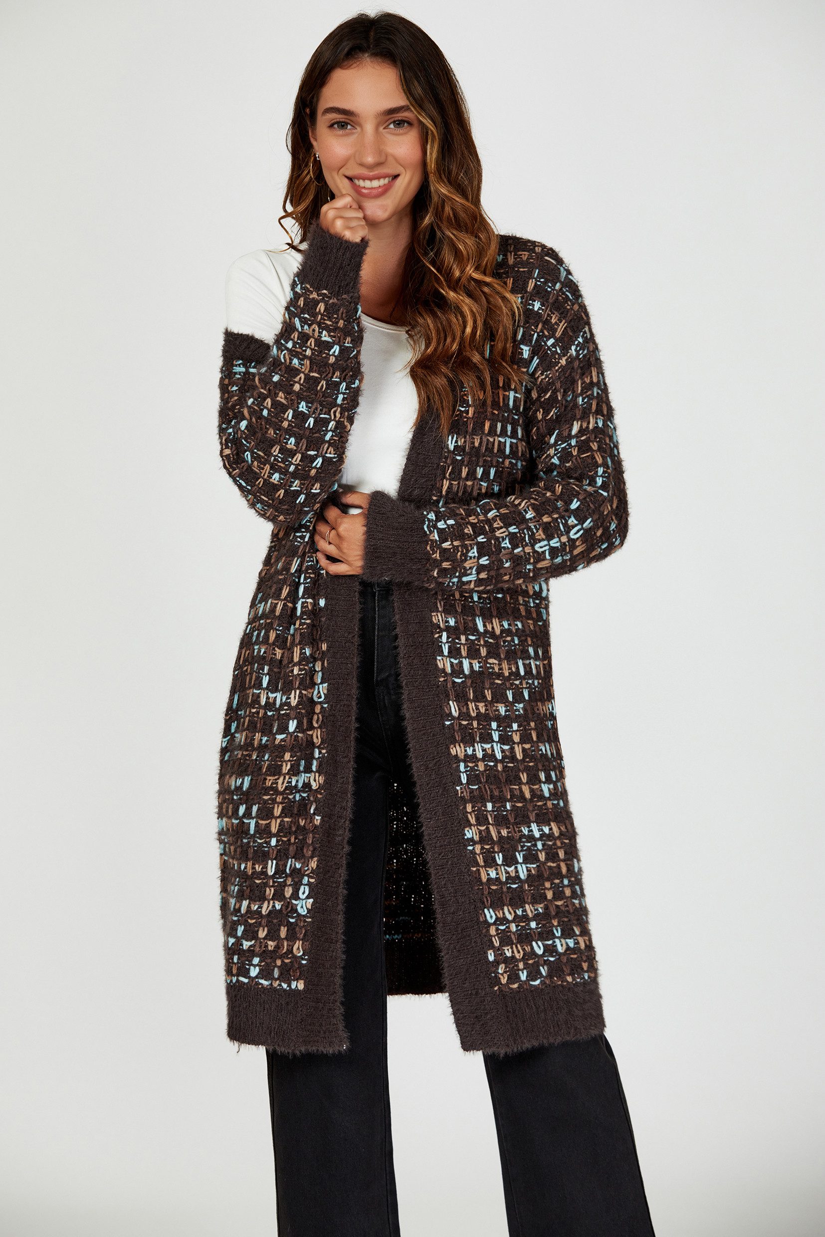 FS Collection Longstrickjacke Bouclé Strickjacke Cardigan mit Karomuster – gemütlicher Stil (Einheitsgröße: UK 8–16 / EU 36–44, 3 Farben : Cremeweiß Bunt, Marineblau Bunt und Braun Bunt) 100 % Acryl