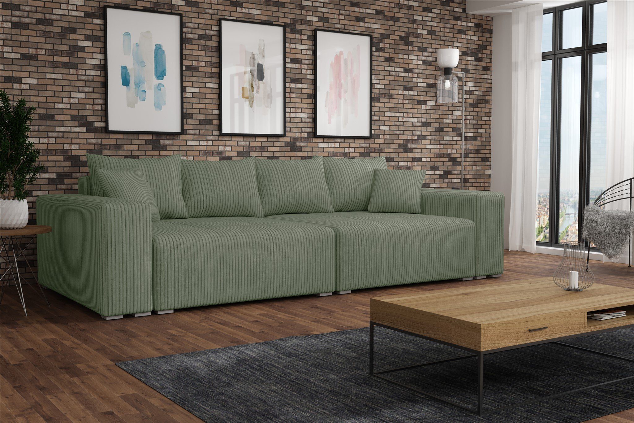 Möbel Couchgarnitur Megasofa Schlaffunktion, Poso in inkl. mit Bettkasten, Grün Big-Sofa und mit Rückenkissen Stoff Fun Zierkissen REGGIO