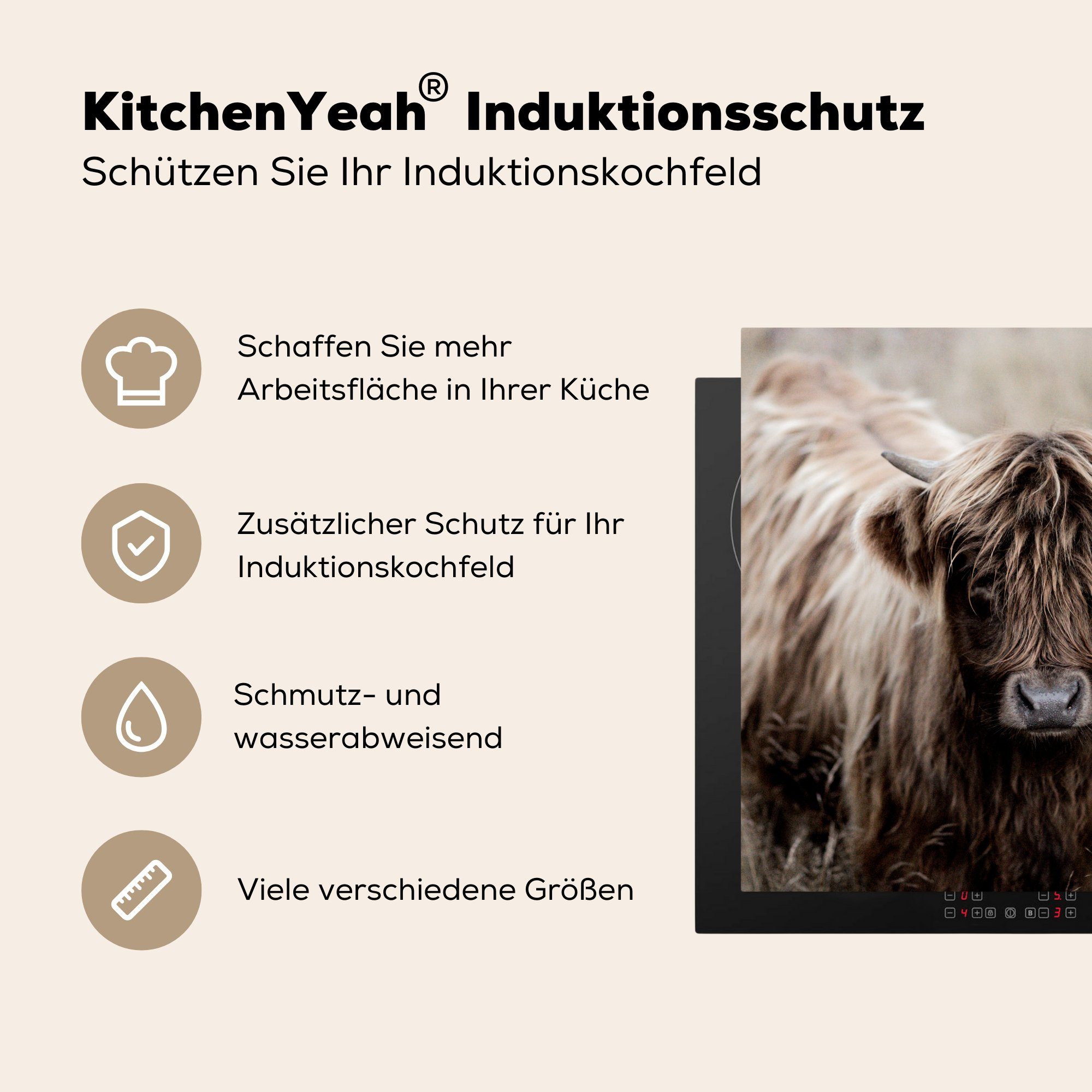 MuchoWow Braun, Arbeitsplatte (1 Ceranfeldabdeckung, 78x78 tlg), für Kühe cm, Herdblende-/Abdeckplatte küche - Vinyl, Schottischer Hochländer -