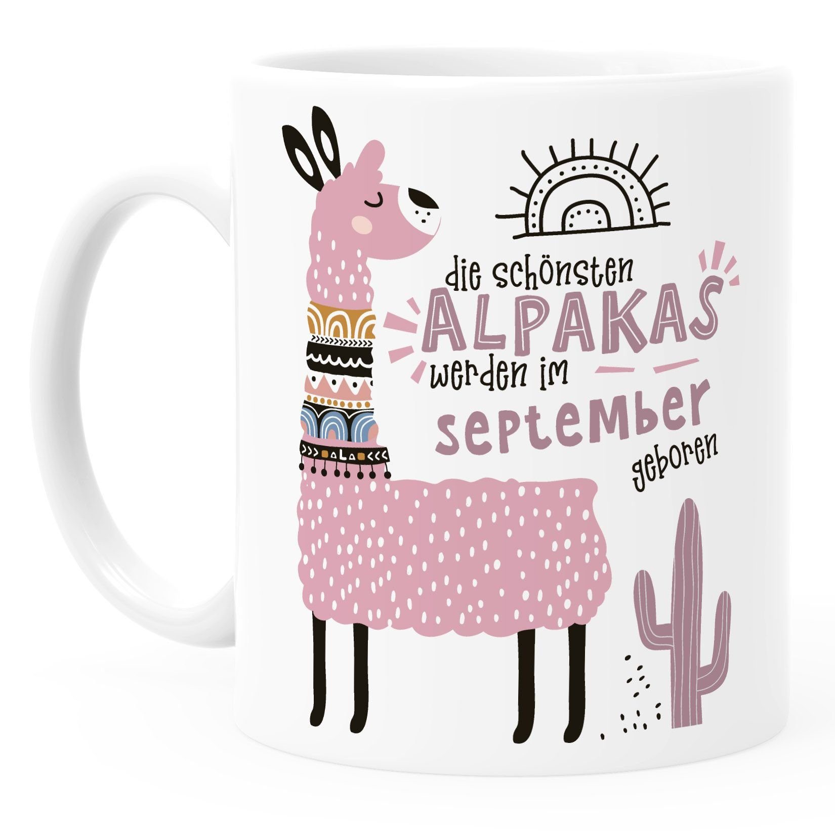Januar-Dezember September Geburtsmonat weiß Lama geboren Geburtags-Geschenke Schönsten im Die Keramik SpecialMe®, Rosa werden Motiv individuelle Tasse anpassbares Alpakas SpecialMe Kaffee-Tasse