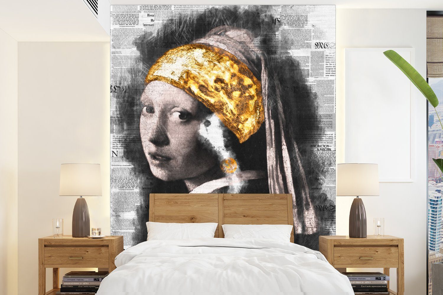 MuchoWow Fototapete Das Mädchen mit dem Perlenohrring - Vermeer - Collage, Matt, bedruckt, (4 St), Montagefertig Vinyl Tapete für Wohnzimmer, Wandtapete