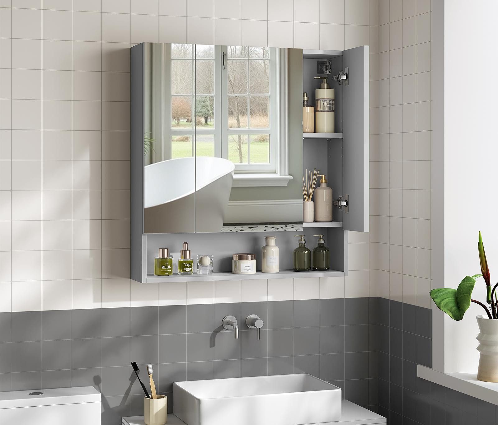 VASAGLE Spiegelschrank Badschrank Breite 70-90cm, mit 3 Türen, offenes Fach, verstellbare Ablagen – Bild 3 von 5