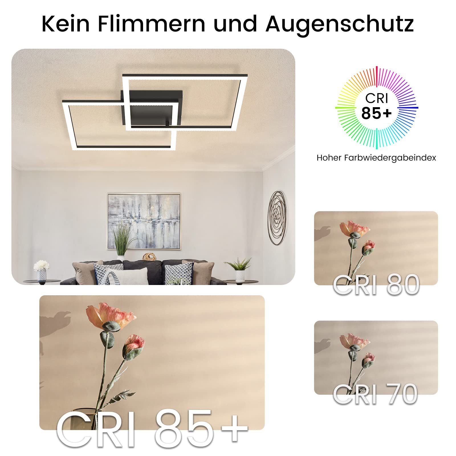 ZMH LED Schwarz Quadratisch fest Dimmbar Design Modern 52W, LED mit Fernbedienung integriert, Kristall 2 Deckenleuchte warmweiß-kaltweiß