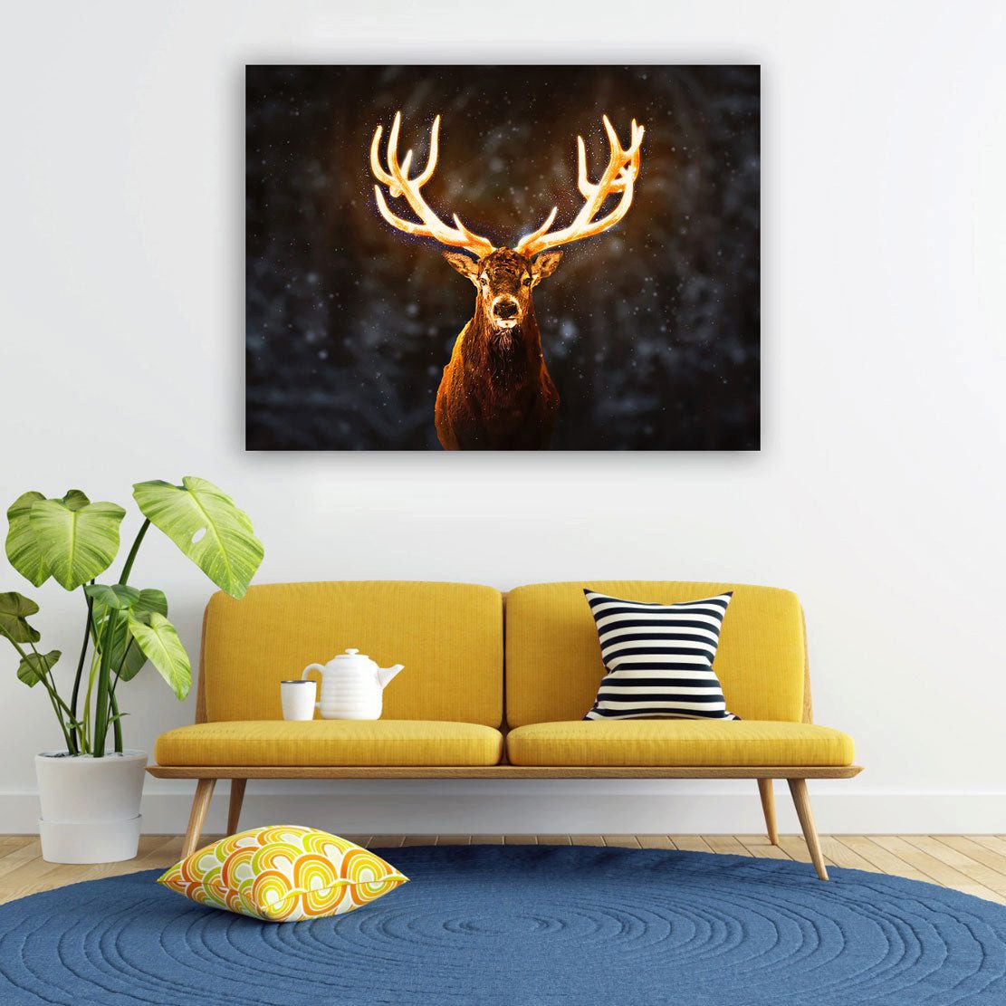Artedinoi Leinwandbild Hirsch Goldenes Geweih Schnee Winter Leinwandbild Wandbild XL, Hirsch im Schnee