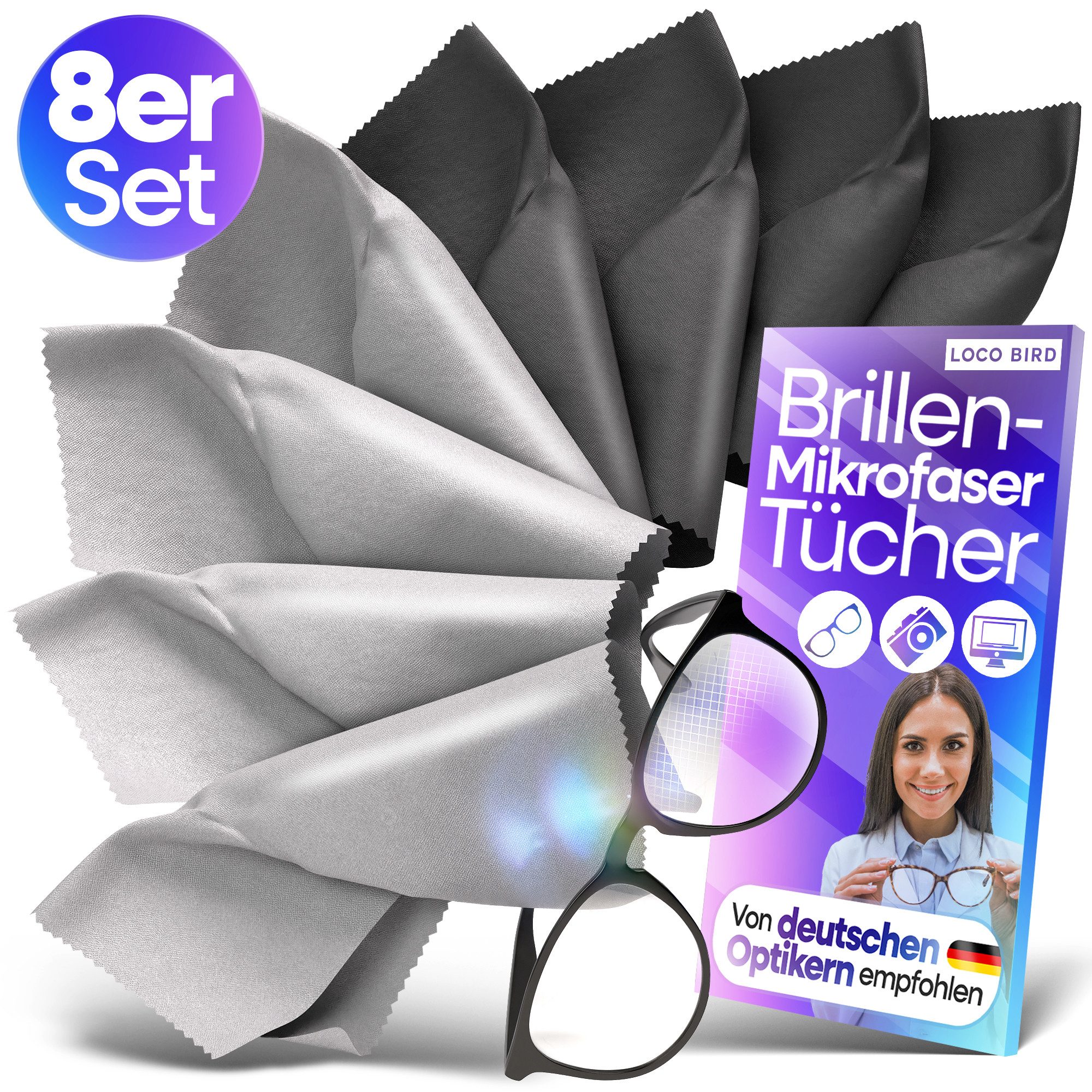 Loco Bird Brillenputztuch Microfaser in Optikerqualität - Brillenputztücher - Reinigungstücher (15x17 cm, - 8er Set, Brillentücher in Grau, Mikrofasertuch, Mikrofasertücher für Brille & Display, Microfasertuch)
