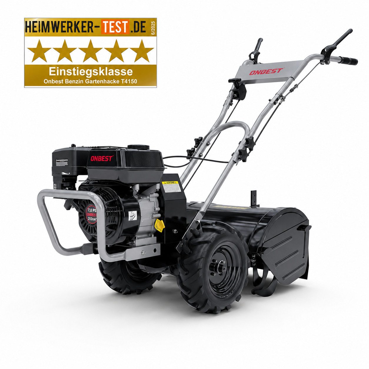 Onbest Benzinmotorhacke Gartenfräse T4150 4,1 kW / 7 PS, 53 cm Arbeitsbreite, 53 cm Arbeitsbreite, 35 cm Arbeitstiefe, 12 Hackmesser, Radantrieb